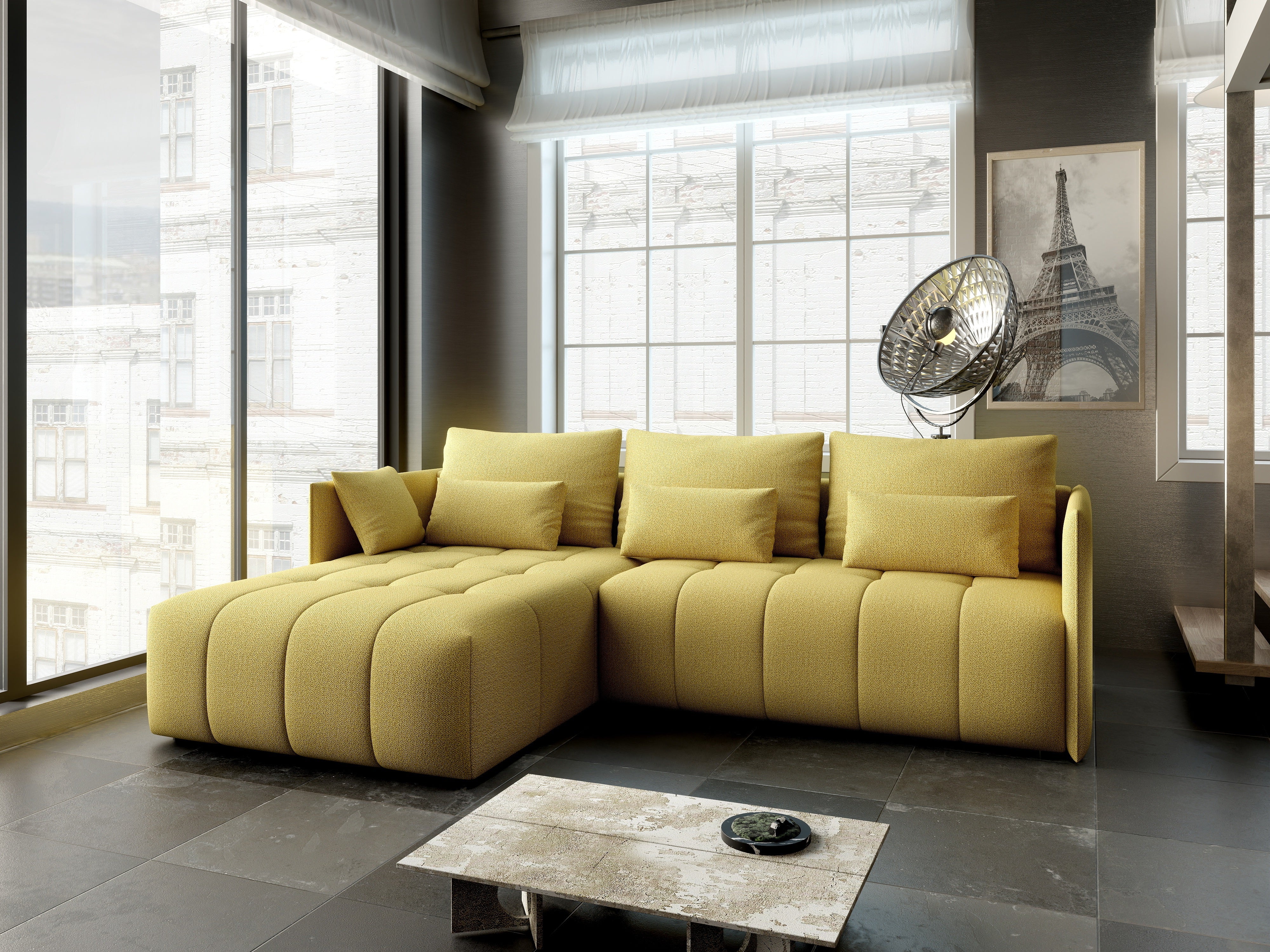 Colțar extensibil dumonde cu ladă de depozitare si sezut confortabil din spuma HR, Malta Galben 235x185 cm Fabrica