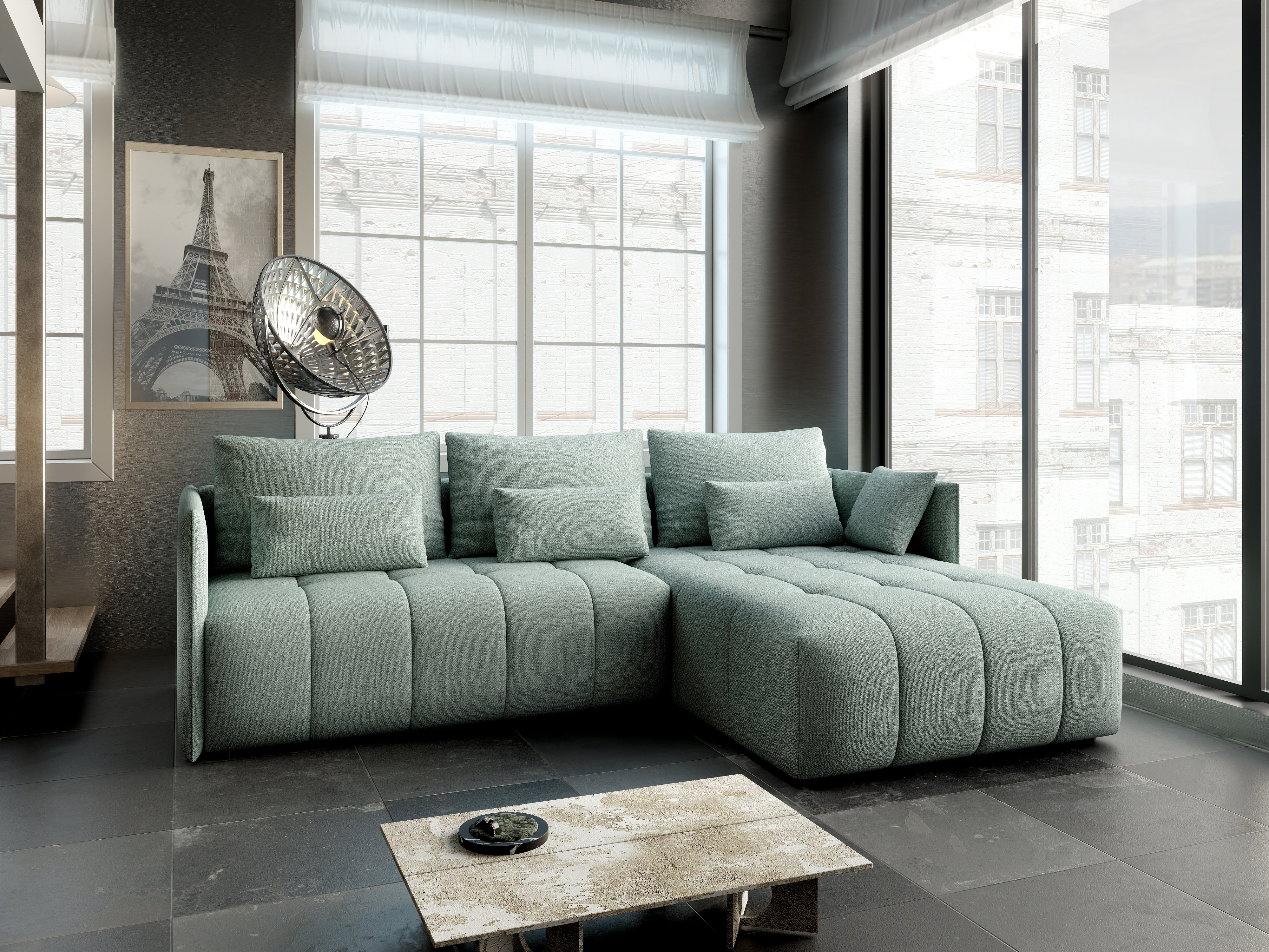 Colțar extensibil dumonde cu ladă de depozitare si sezut confortabil din spuma HR, Malta Mint II 235x185 cm Fabrica