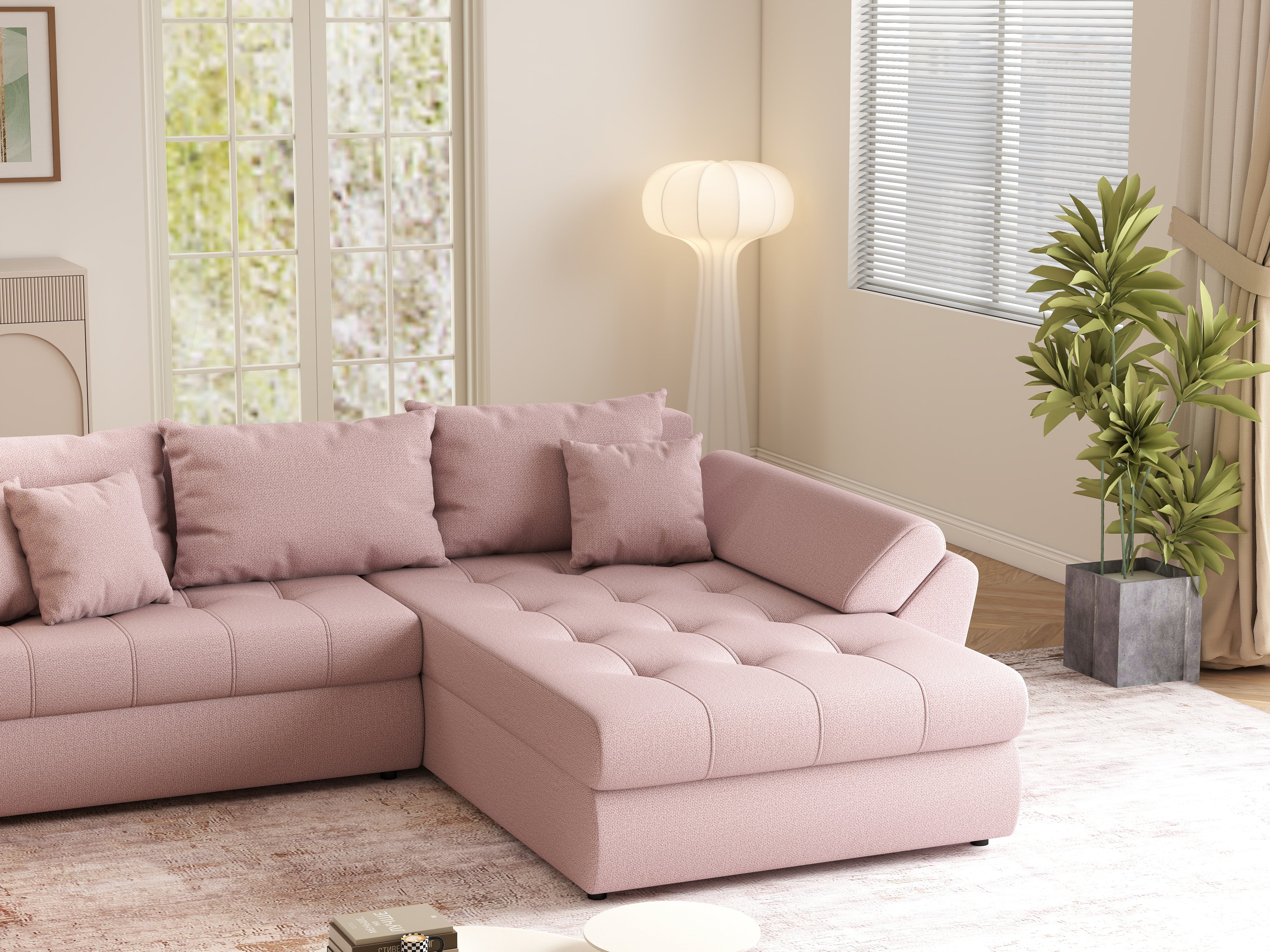 Colțar extensibil dumonde cu ladă de depozitare si sezut confortabil din spuma HR, Loana Roz II 270x185 cm Fabrica