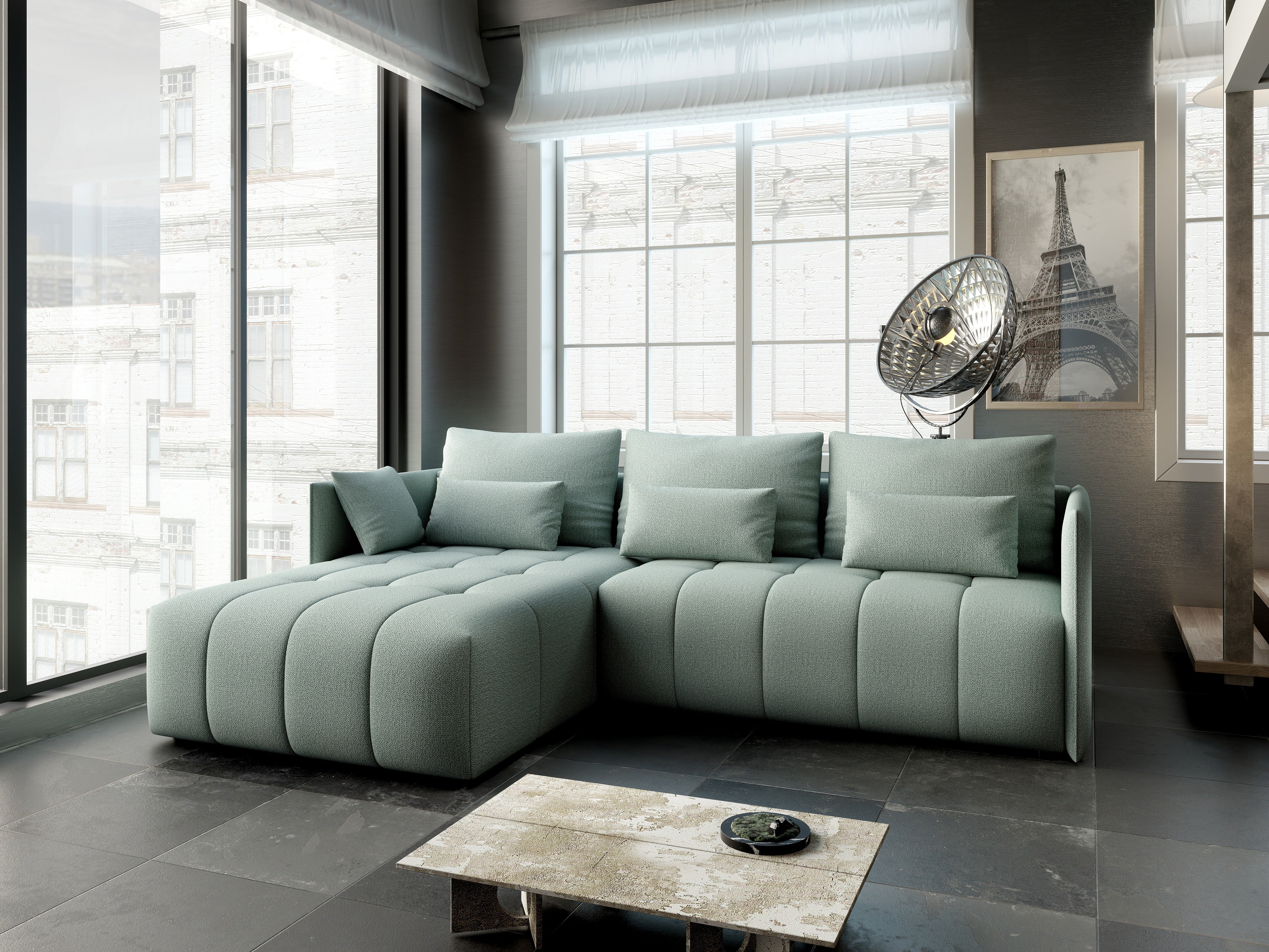 Colțar extensibil dumonde cu ladă de depozitare si sezut confortabil din spuma HR, Malta Mint 235x185 cm Fabrica