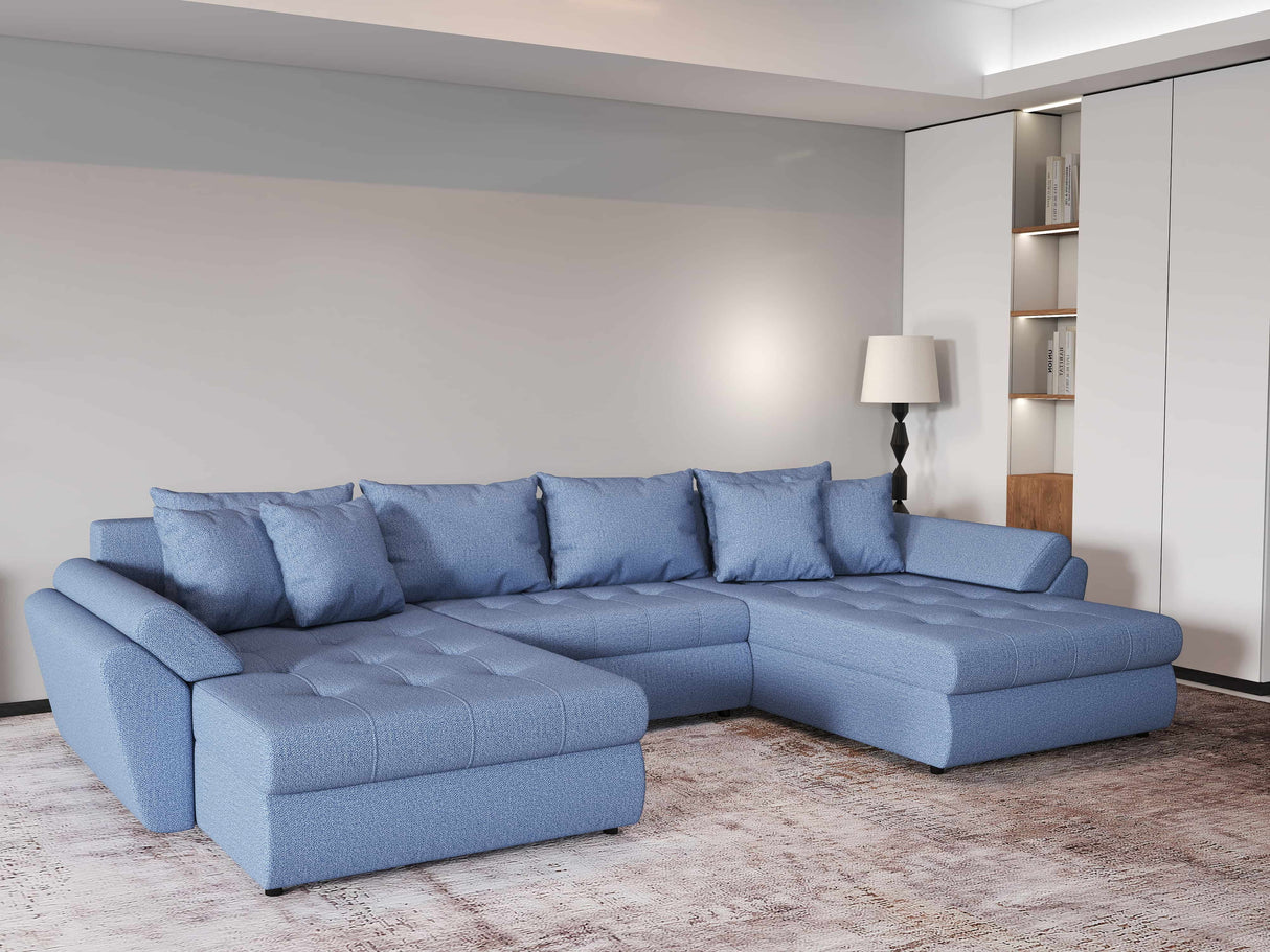 Colțar extensibil  dumonde cu ladă de depozitare si sezut confortabil din spuma HR, Loana Blue U 355x185 cm Fabrica