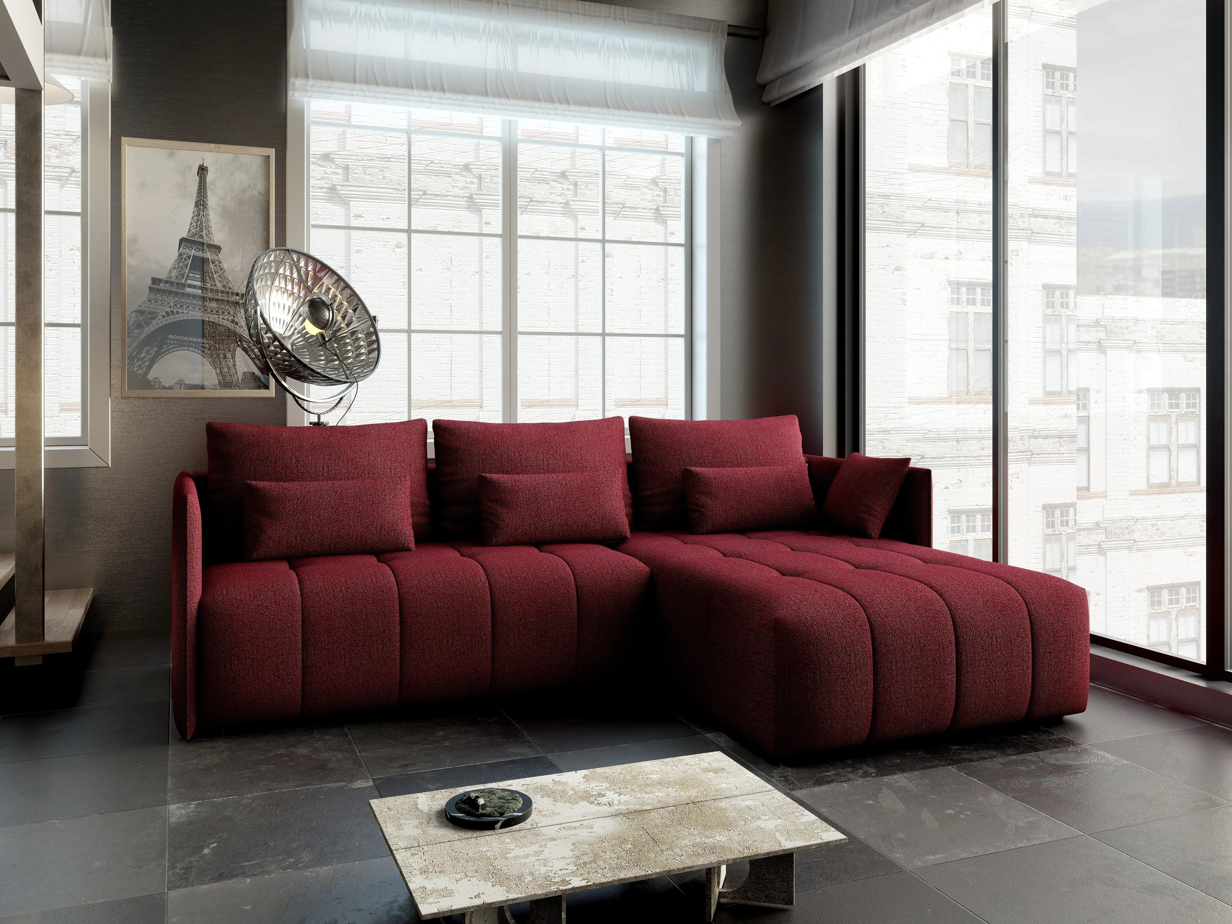 Colțar extensibil dumonde cu ladă de depozitare si sezut confortabil din spuma HR, Malta Bordoux II 235x185 cm Fabrica