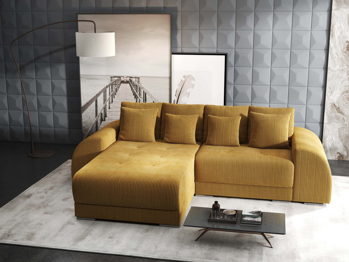 Colțar extensibil dumonde cu ladă de depozitare si sezut confortabil din spuma HR, Verona Zoom Mustar 290x185 cm Fabrica