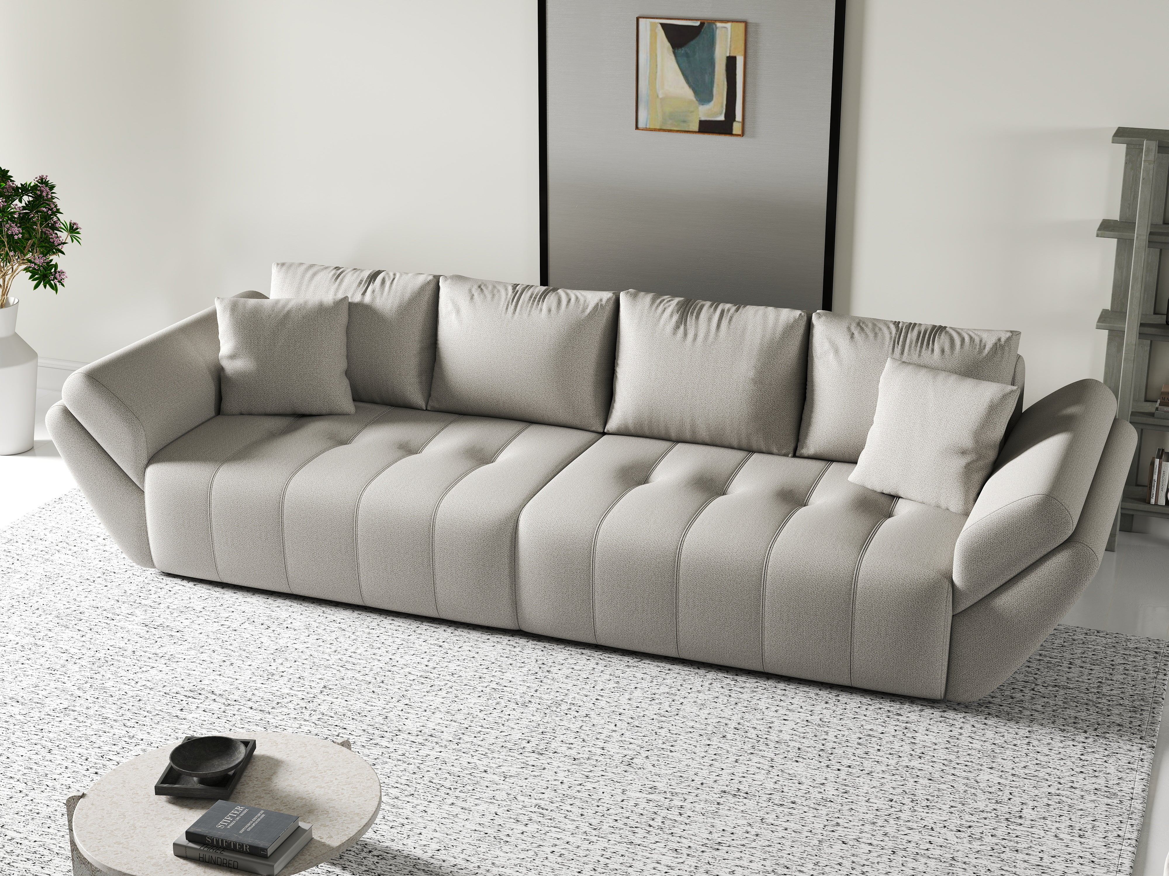 Canapea extensibilă dumonde cu ladă de depozitare si sezut confortabil din spuma HR, Berlin Beige 300x100 cm Fabrica