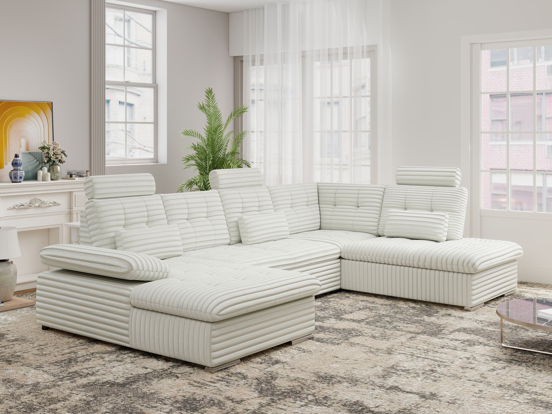 Colțar extensibil dumonde cu ladă de depozitare și șezut confortabil din spumă HR, Merkur U Ambience Alb 324x218 cm