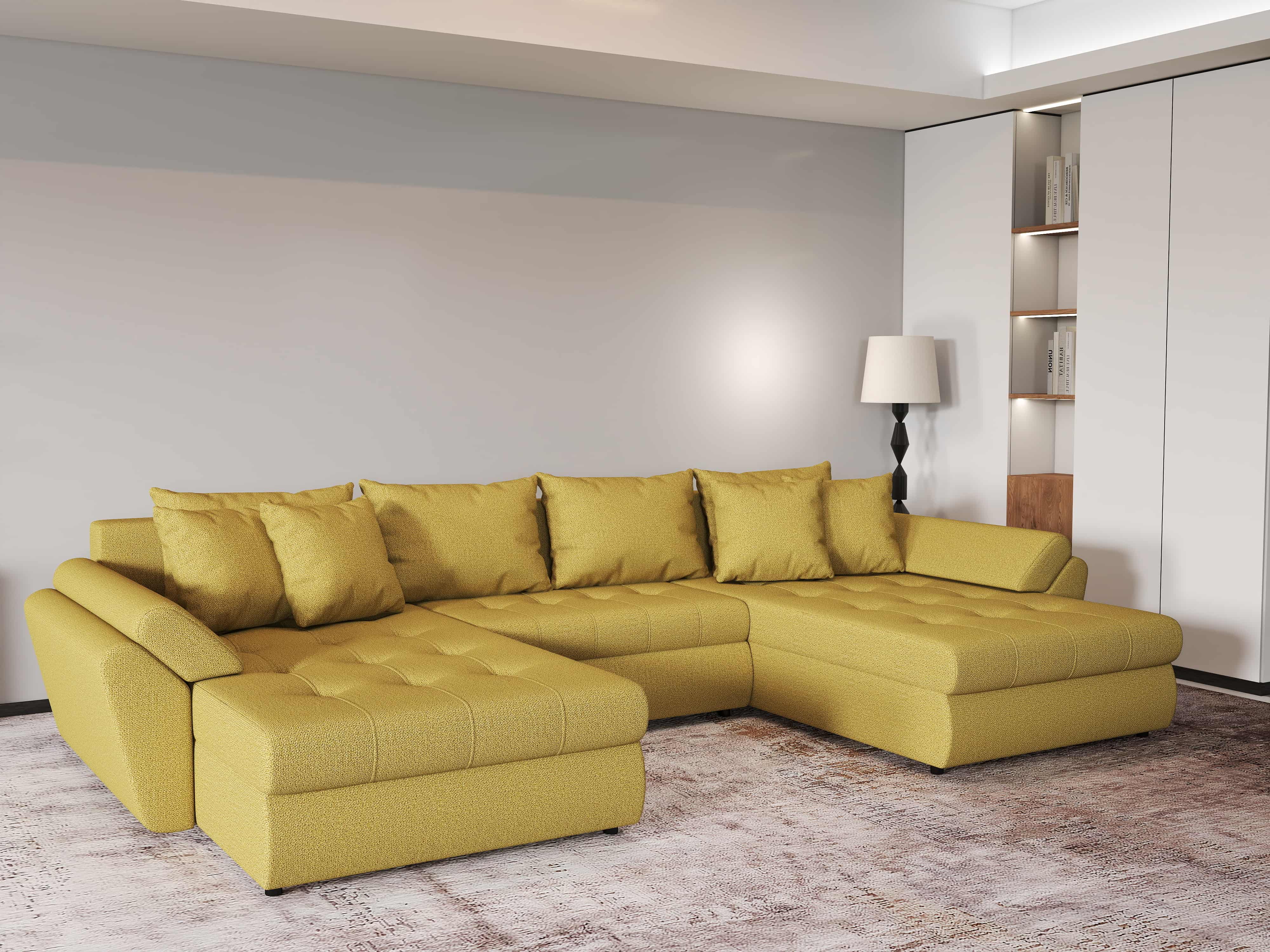 Colțar extensibil dumonde cu ladă de depozitare si sezut confortabil din spuma HR, Loana U Melon 355x185 cm Fabrica
