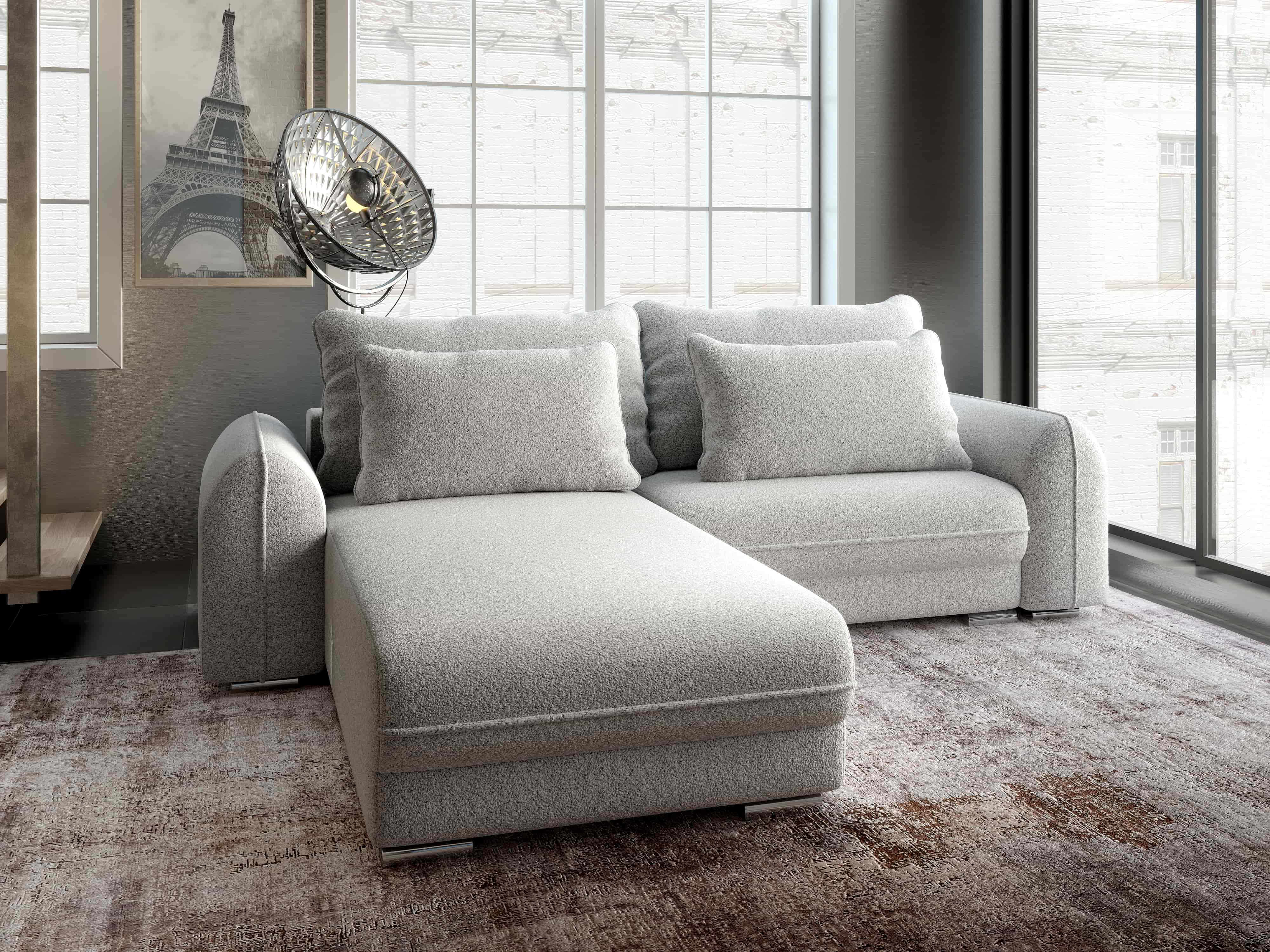 Colțar extensibil dumonde cu ladă de depozitare si sezut confortabil din spuma HR, Denver Euphoria Dove 275x185 cm Fabrica