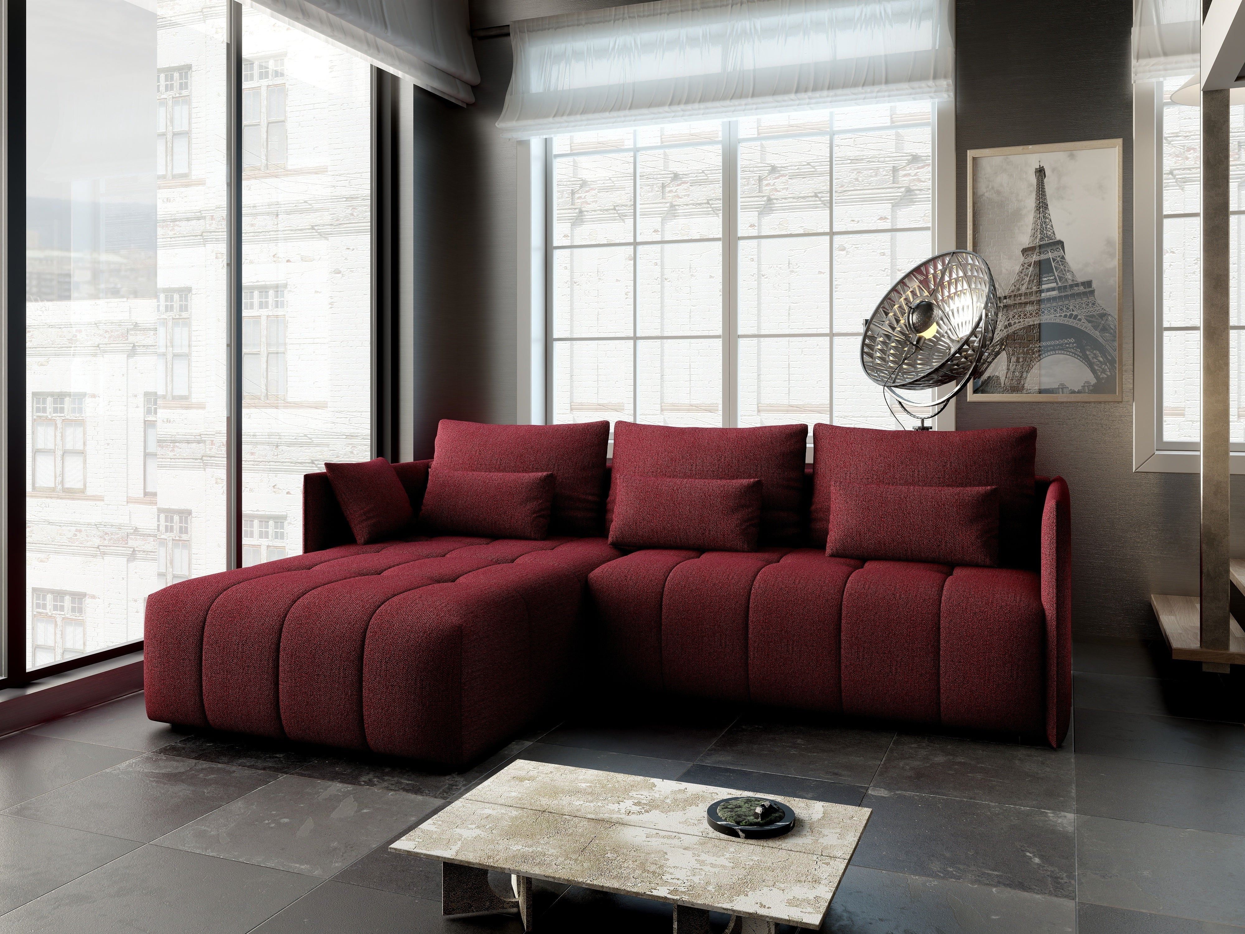 Colțar extensibil dumonde cu ladă de depozitare si sezut confortabil din spuma HR, Malta Bordoux 235x185 cm Fabrica