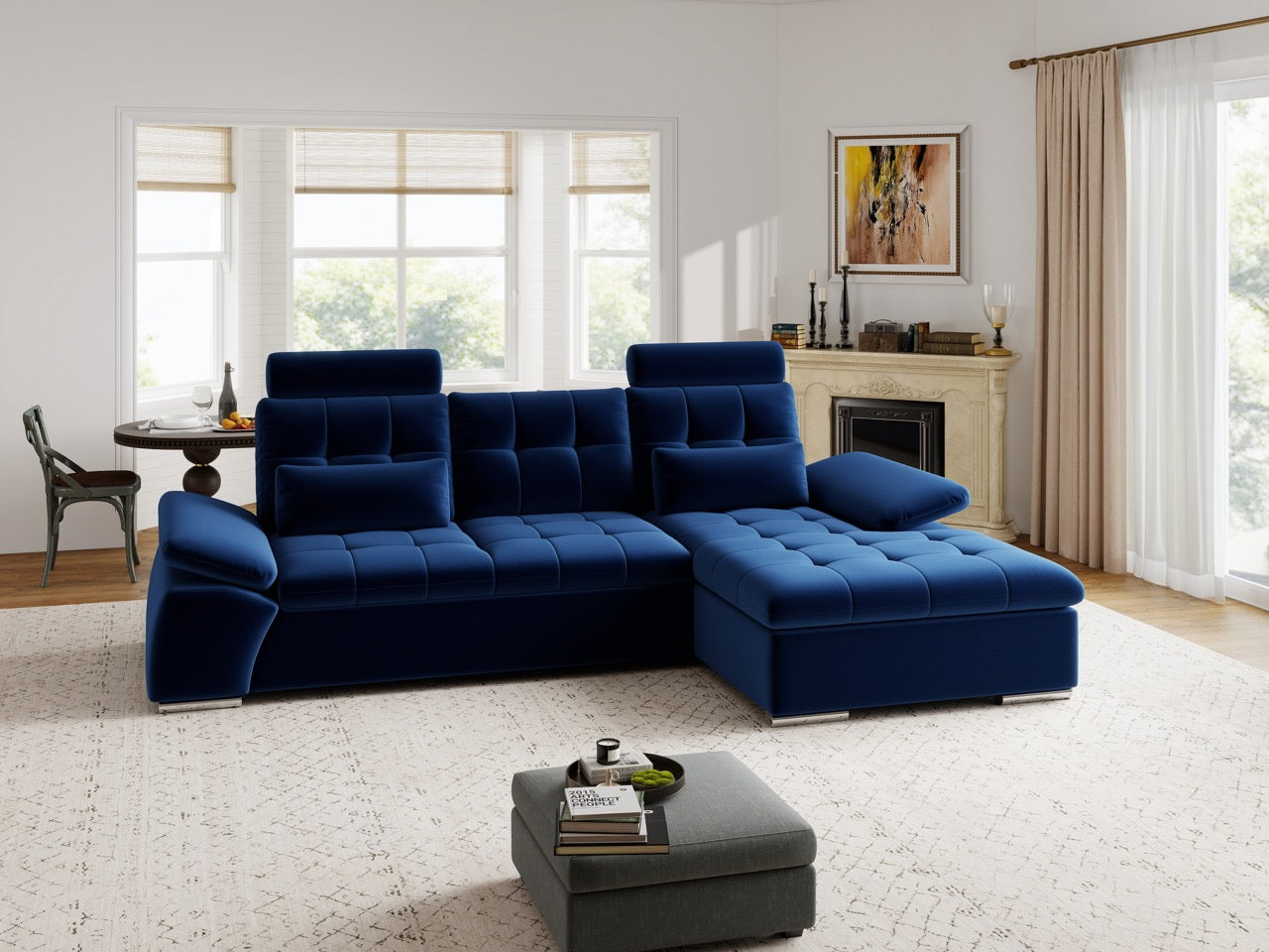 Colțar extensibil dumonde cu ladă de depozitare și șezut confortabil din spumă HR, Merkur Royal Albastru Navy 270x168 cm II