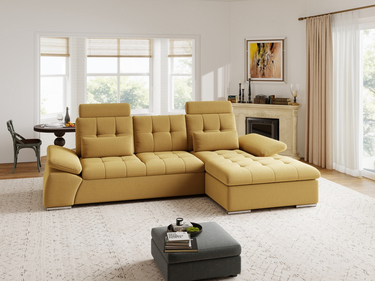 Colțar extensibil dumonde cu ladă de depozitare și șezut confortabil din spumă HR, Merkur Royal Mustar 270x168 cm II