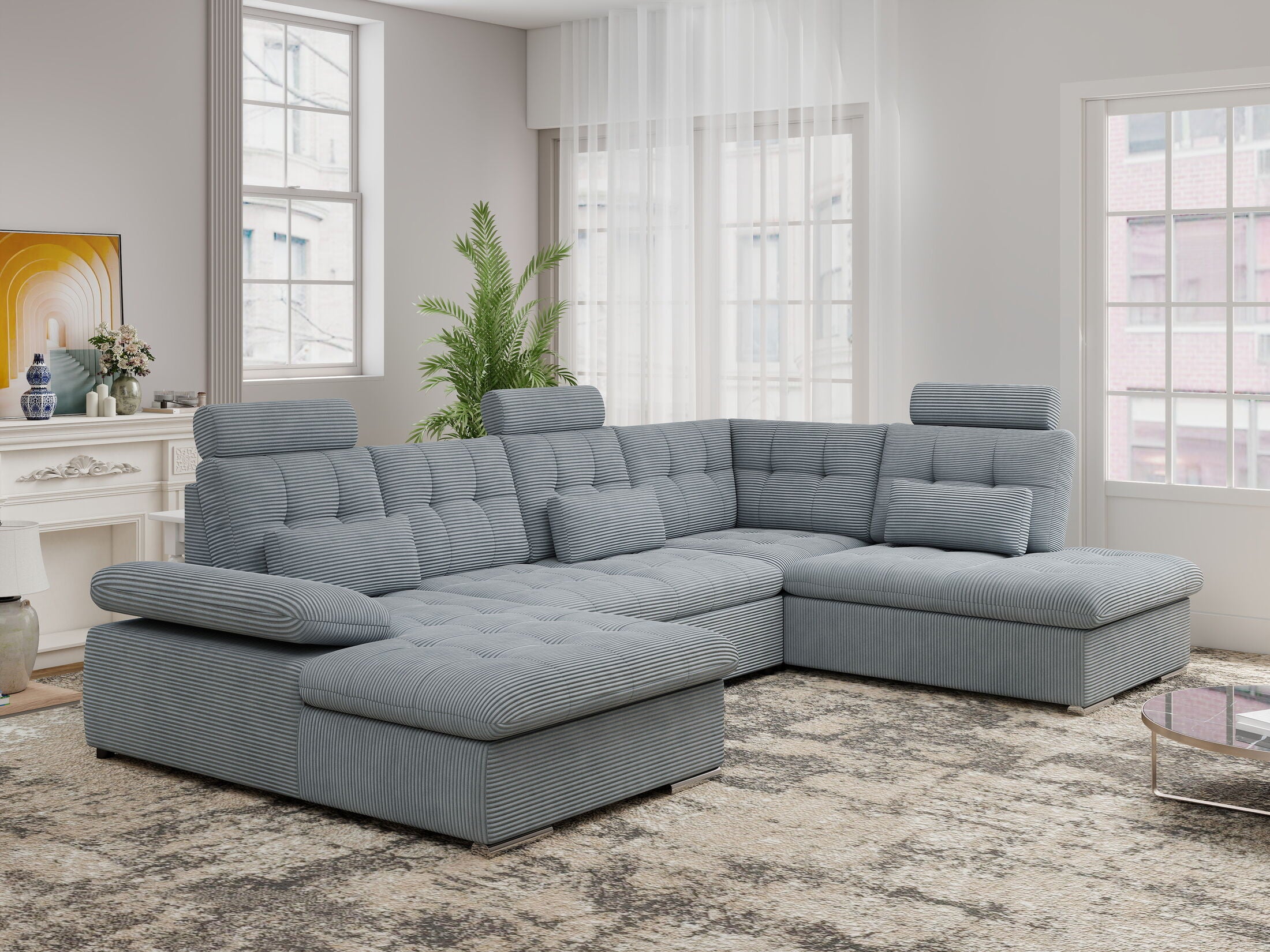 Colțar extensibil dumonde cu ladă de depozitare și șezut confortabil din spumă HR, Merkur U Zoom Gri Mint 324x218 cm