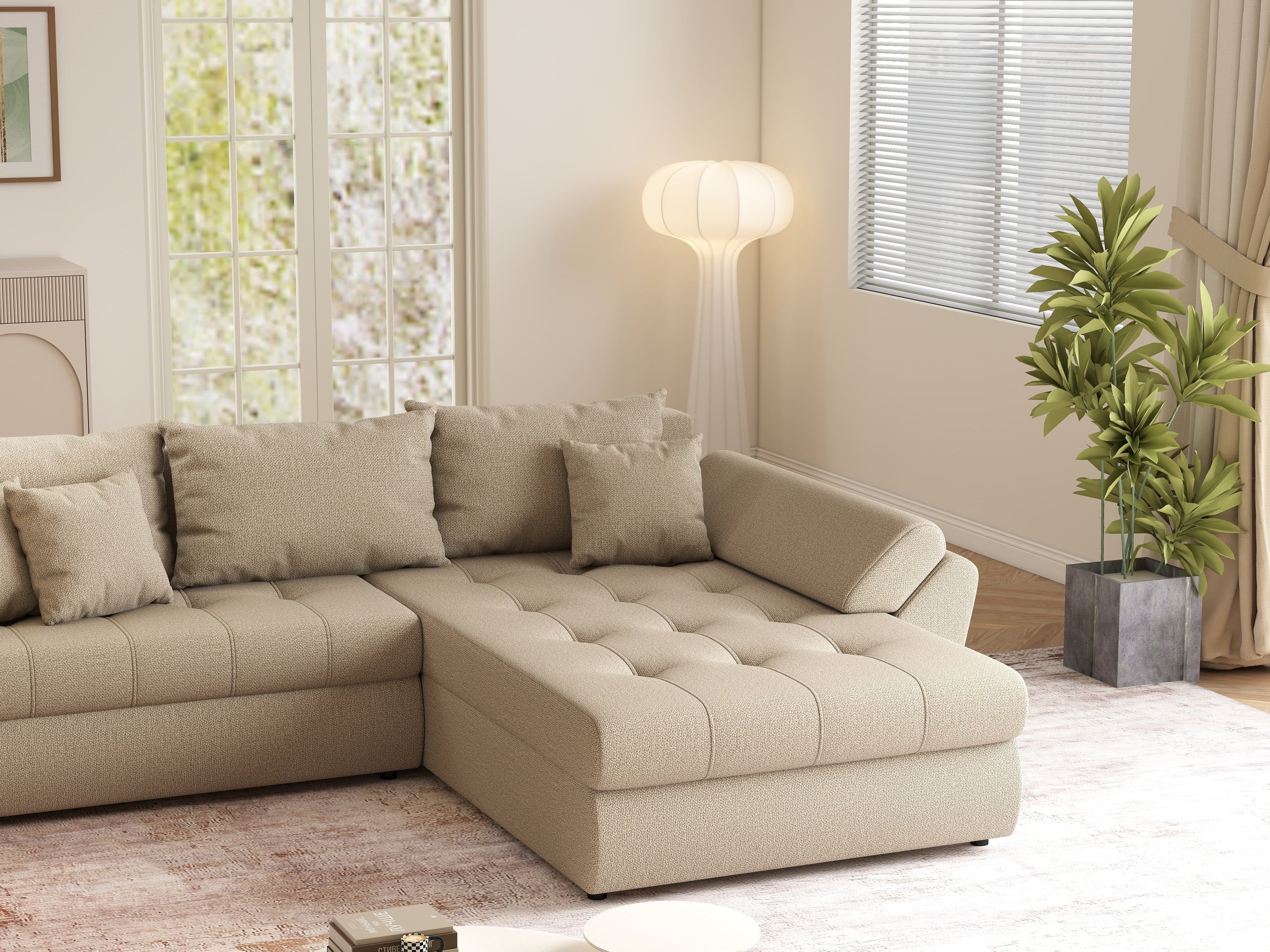 Colțar extensibil dumonde cu ladă de depozitare si sezut confortabil din spuma HR, Loana Camel II 270x185 cm Fabrica