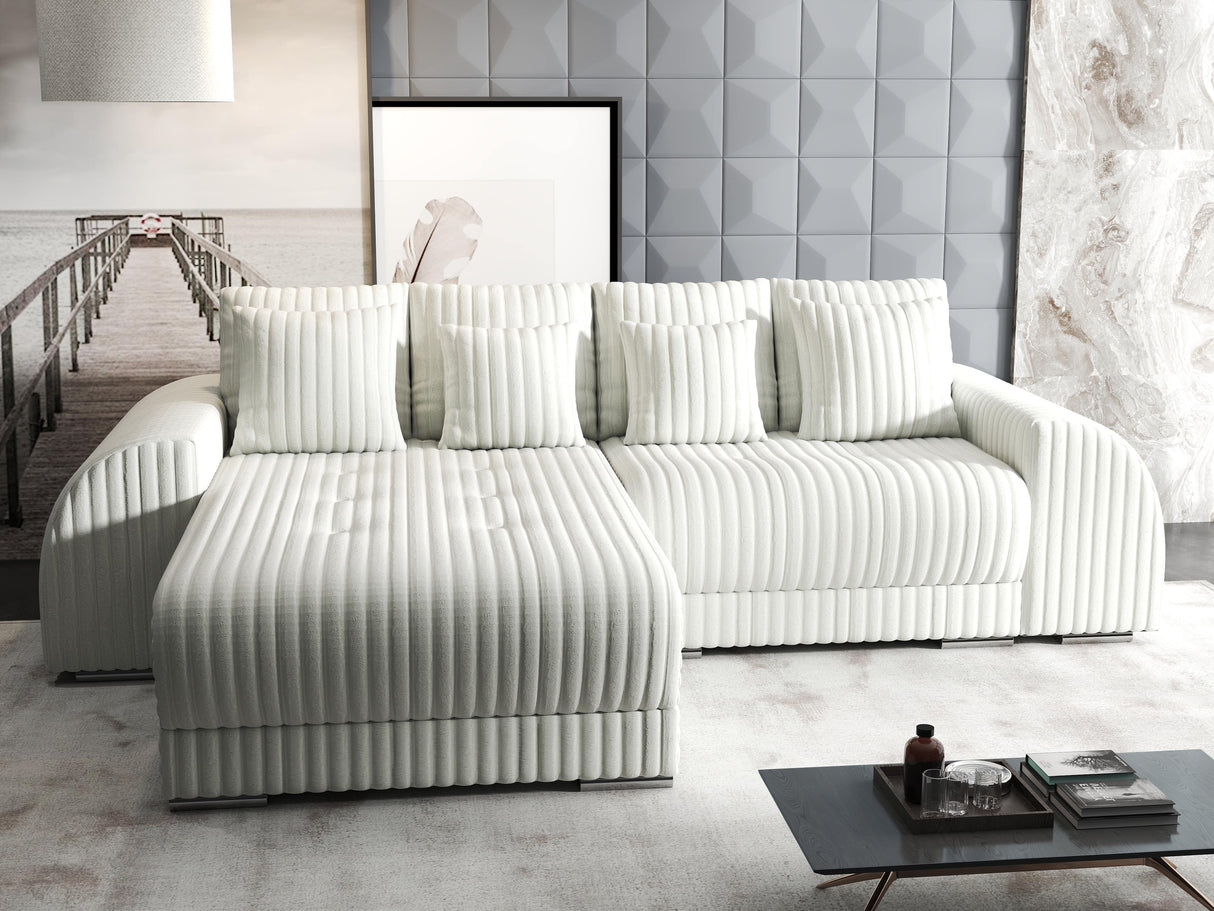 Colțar extensibil dumonde cu ladă de depozitare si sezut confortabil din spuma HR, Verona Ambience Alb 290x185 cm Fabrica