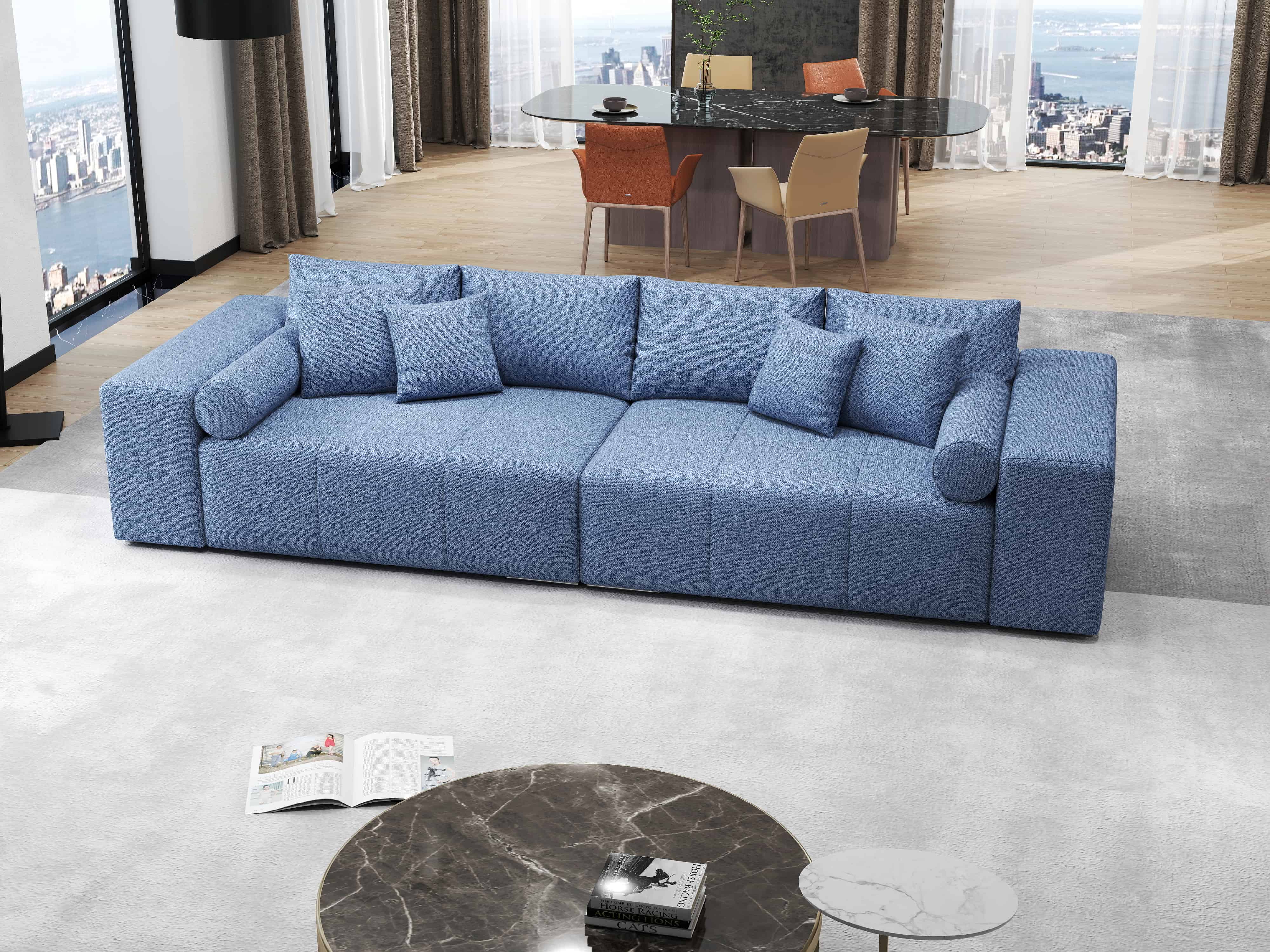 Canapea extensibilă dumonde cu ladă de depozitare si sezut confortabil din spuma HR, Marbela Enjoy Lux Blue XXL 295x100 cm fabrica