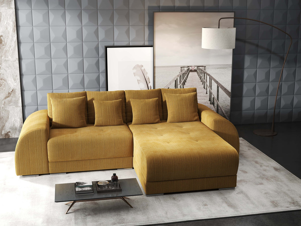 Colțar extensibil dumonde cu ladă de depozitare si sezut confortabil din spuma HR, Verona Zoom Mustar II 290x185 cm Fabrica