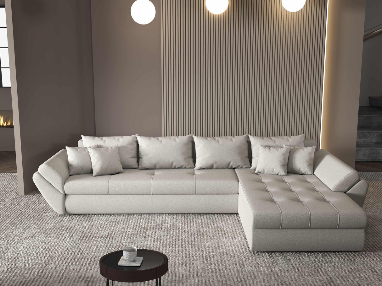 Colțar extensibil dumonde cu ladă de depozitare si sezut confortabil din spuma HR, Loana XL Enjoy Beige II 335x185 cm Fabrica