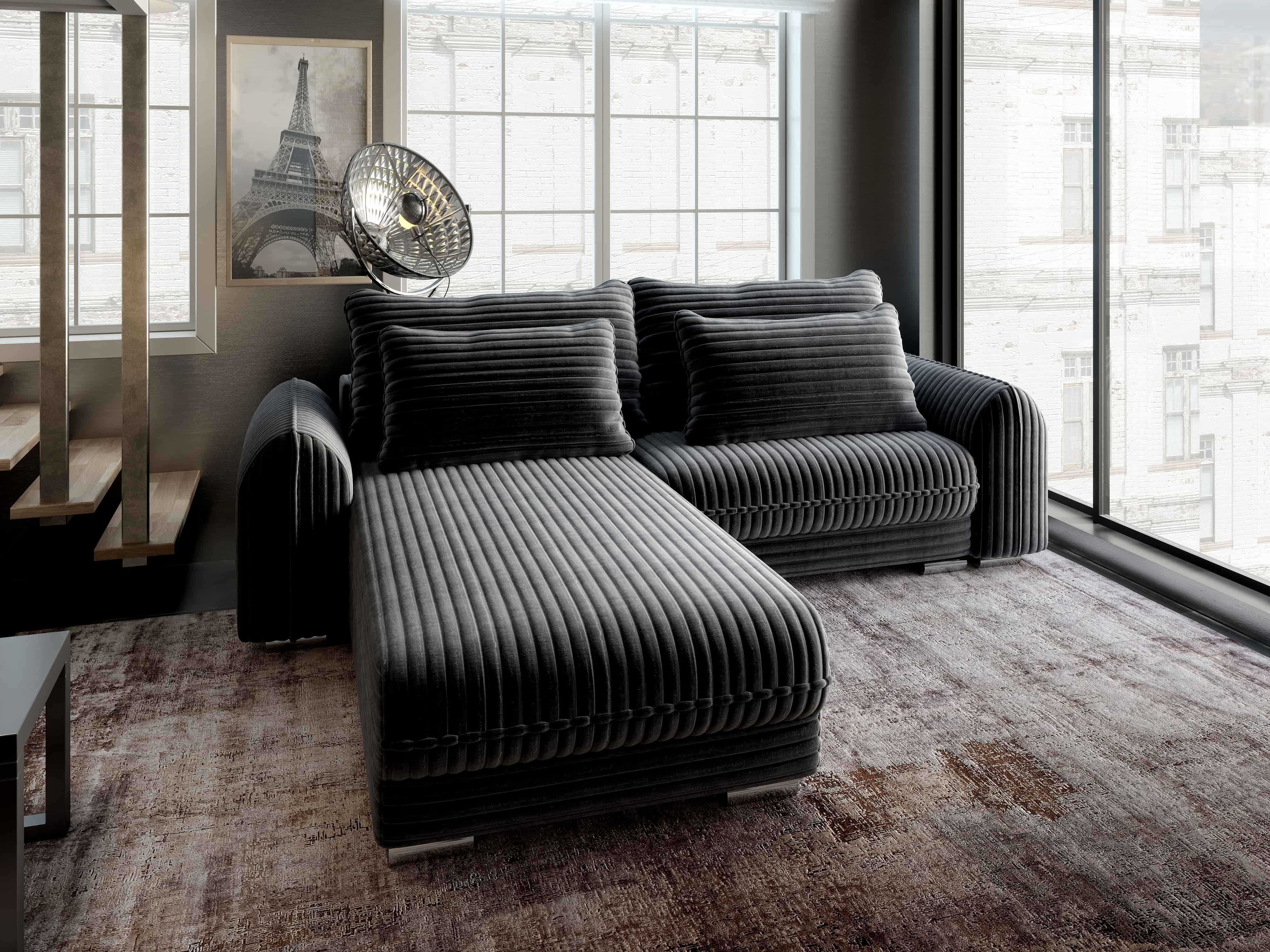 Colțar extensibil dumonde cu ladă de depozitare si sezut confortabil din spuma HR, Denver Ambience Gri 275x185 cm Fabrica