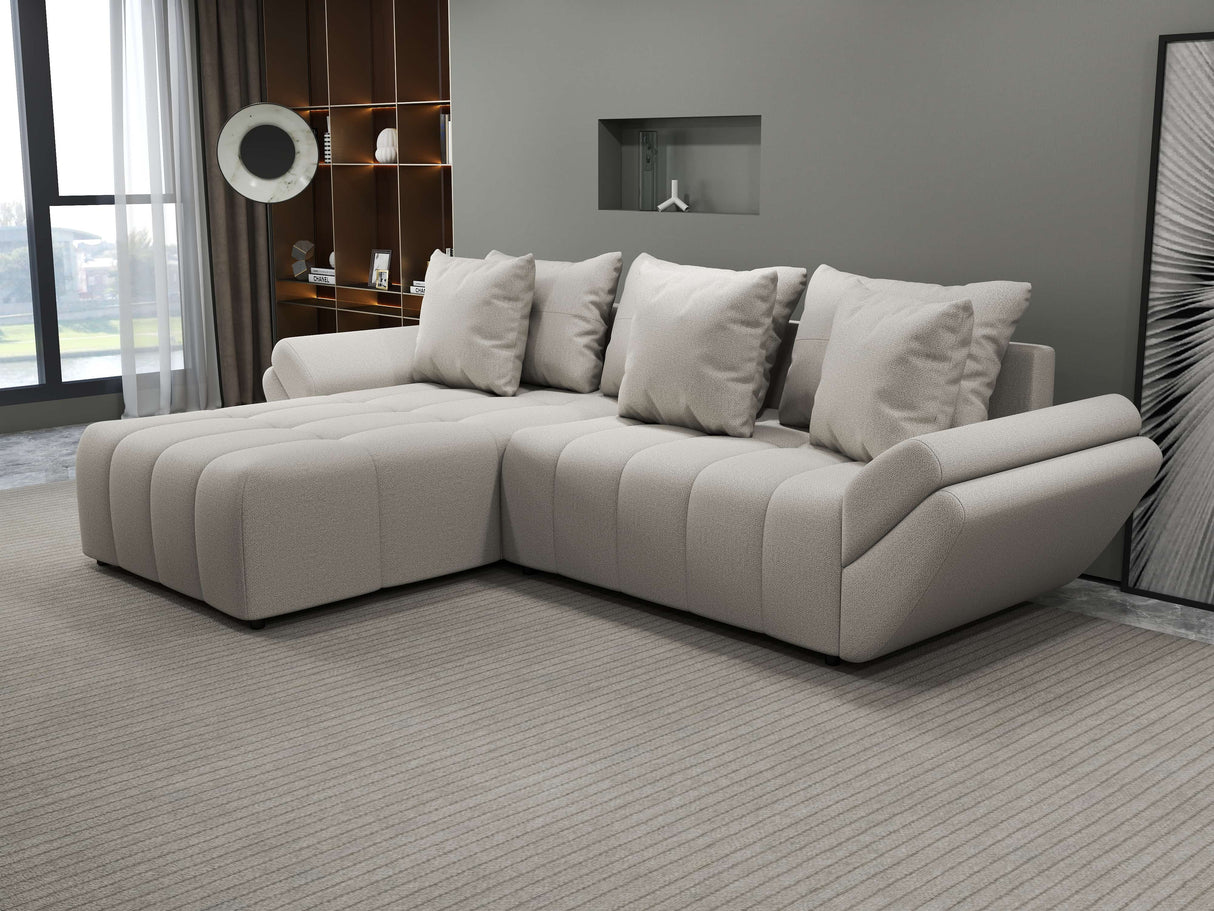 Colțar extensibil dumonde cu ladă de depozitare si sezut confortabil din spuma HR, Berlin Enjoy Bej 280x185 cm Fabrica