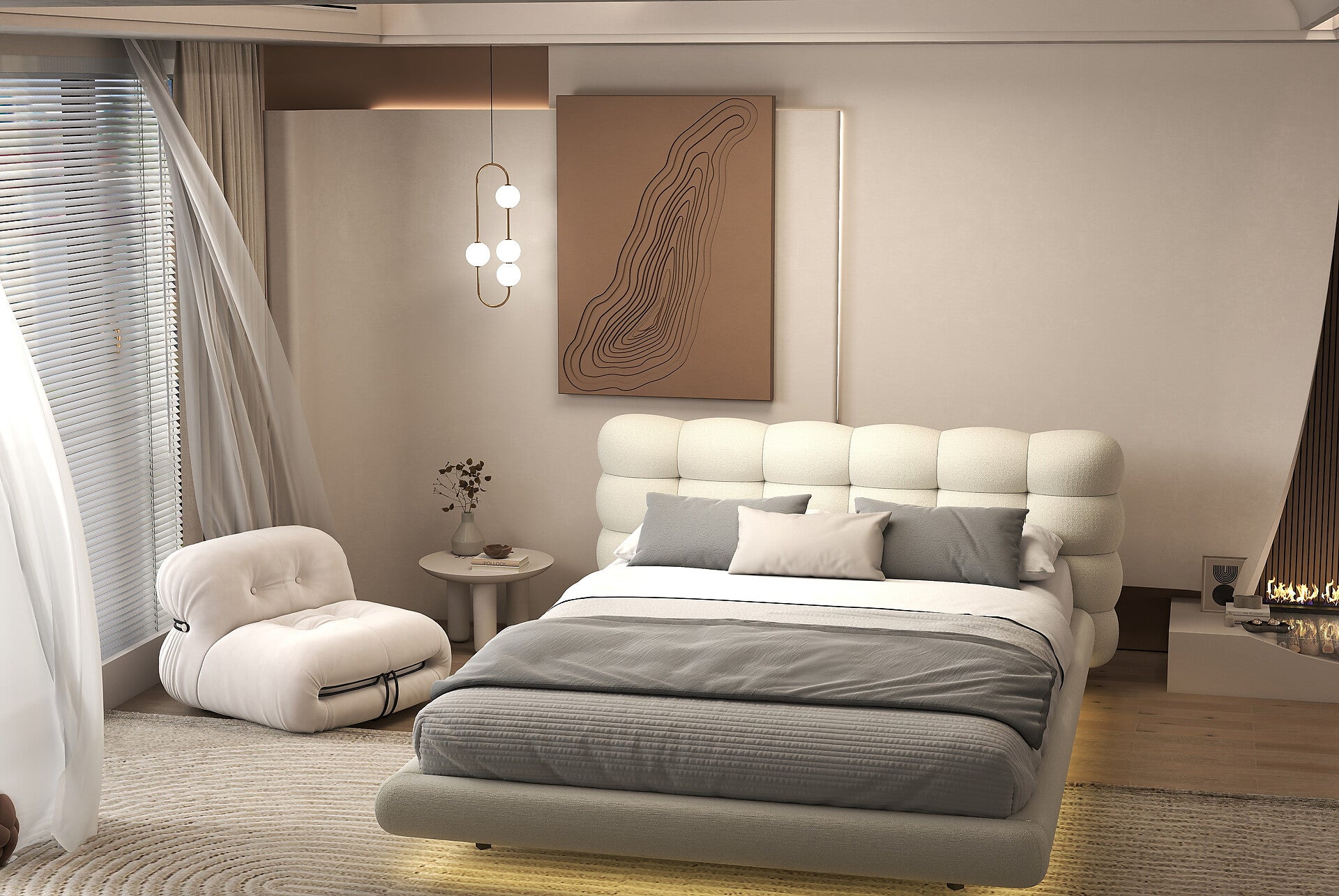 Pat dormitor dumonde, tapitat alb cu LED, "floating bed" Cloud 160x200 cm, somiera inclusa