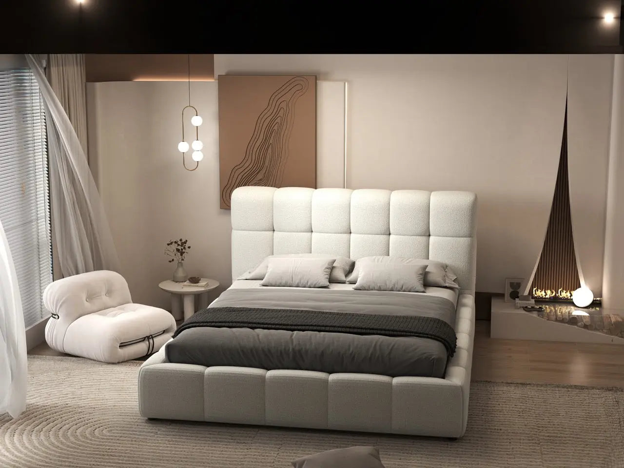 Pat dormitor dumonde, tapitat alb, Lorenzo 160x200 cm, somiera rabatabila inclusa, spatiu depozitare WLS