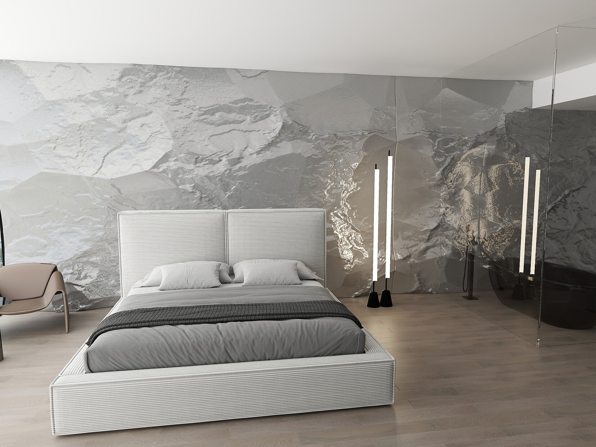 Pat dormitor dumonde, tapitat bej, Dreamer 160x200 cm, somiera rabatabila inclusa, spatiu depozitare