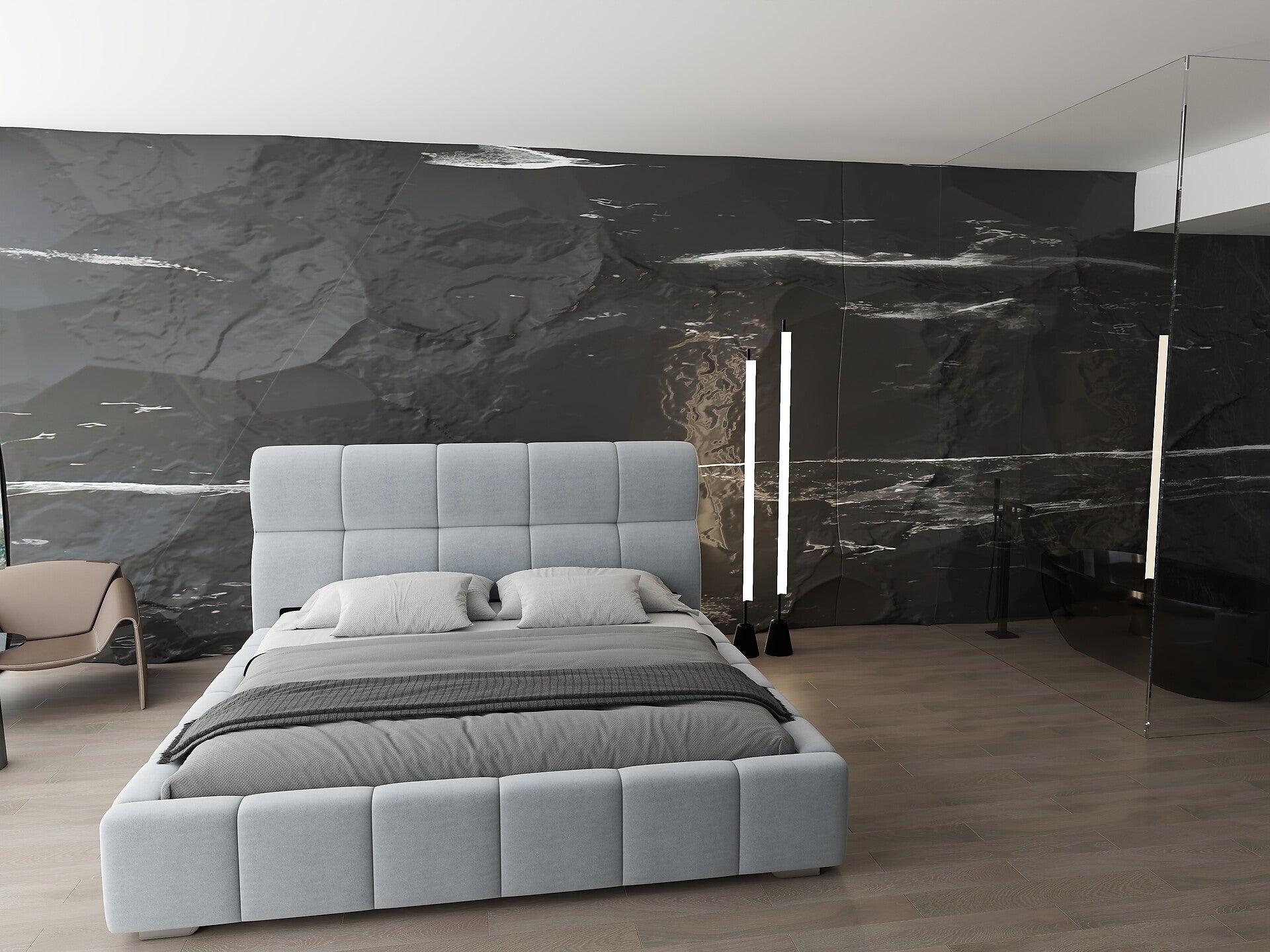 Pat dormitor dumonde, tapitat gri, Prestige 160x200 cm, somiera rabatabila inclusa, spatiu depozitare