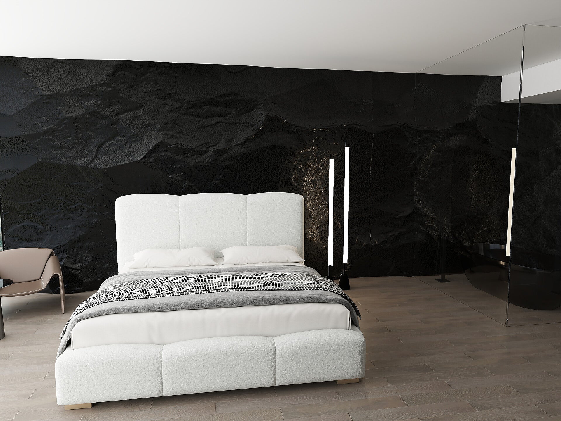 Pat dormitor dumonde, tapitat alb, Havana 180x200 cm, somiera rabatabila inclusa, spatiu depozitare