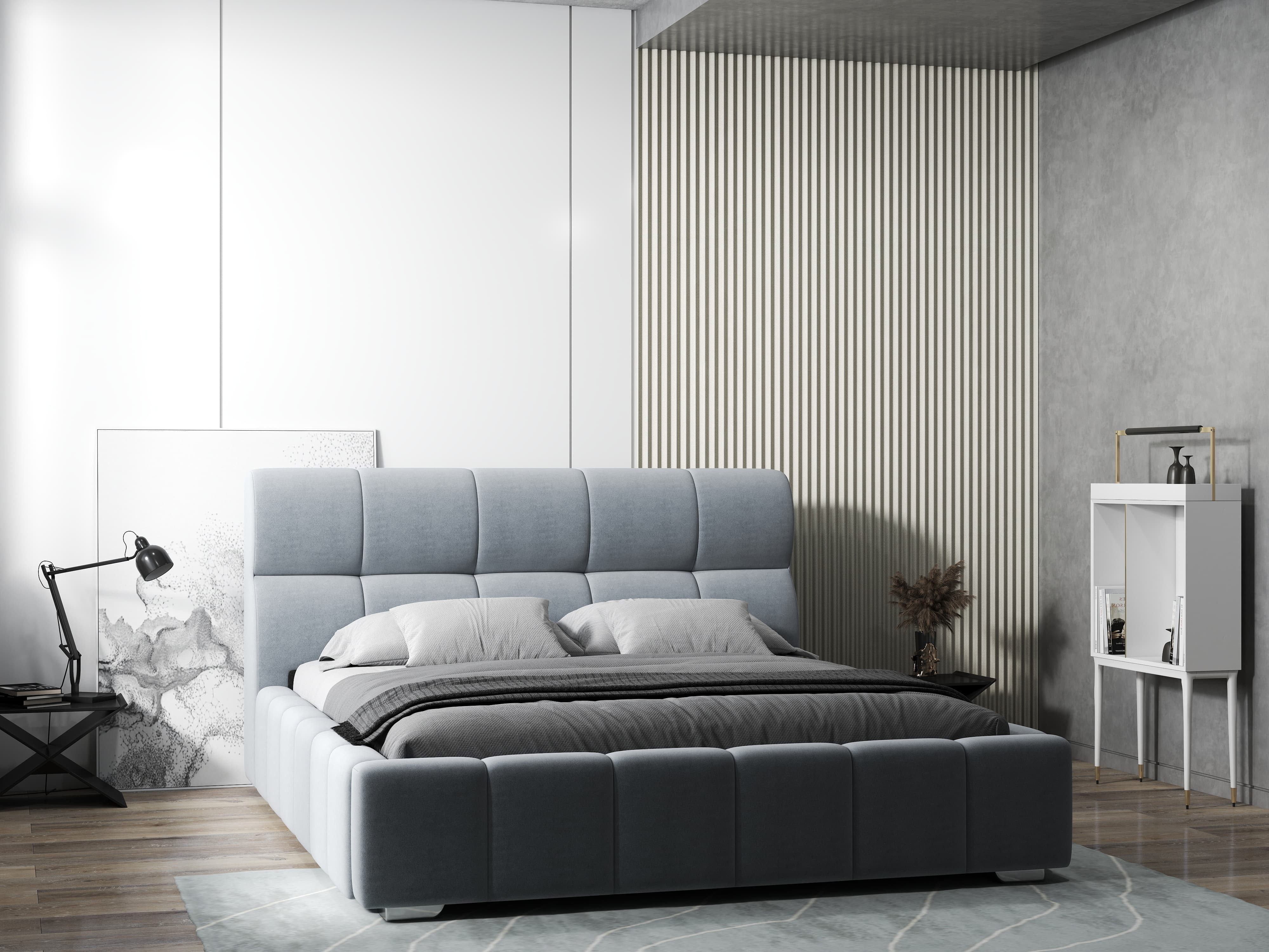 Pat dormitor dumonde, tapitat gri, Prestige 160x200 cm, somiera rabatabila inclusa, spatiu depozitare
