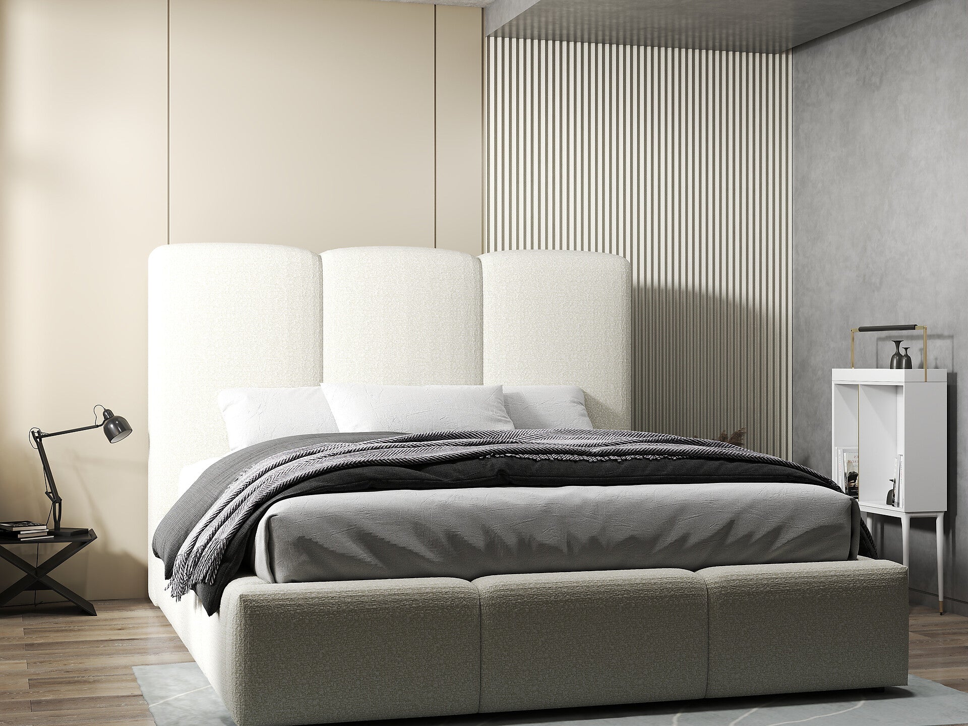 Pat dormitor dumonde, tapitat bej, Dinasty 160x200 cm, somiera rabatabila inclusa, spatiu depozitare