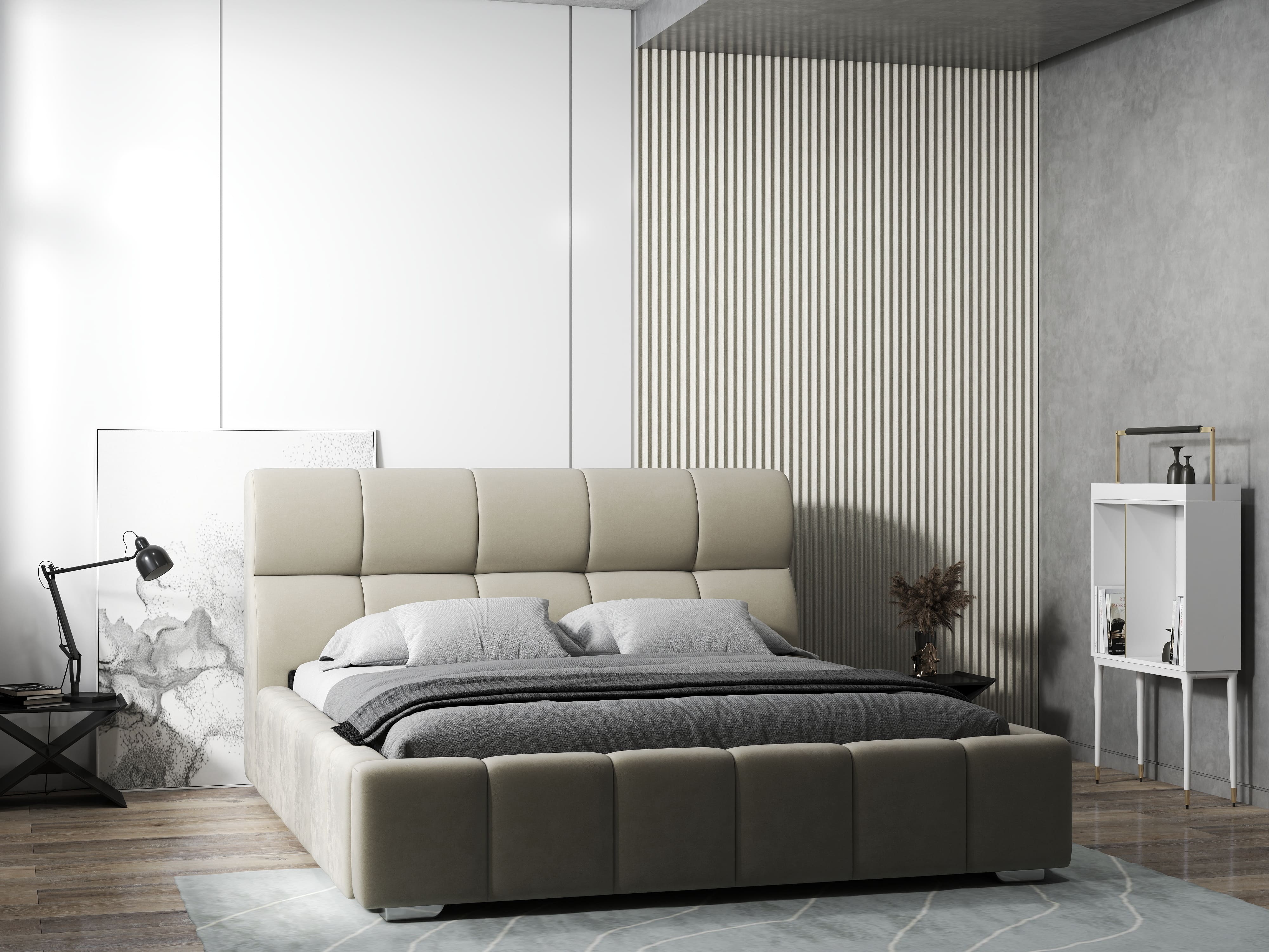 Pat dormitor dumonde, tapitat bej, Prestige 160x200 cm, somiera rabatabila inclusa, spatiu depozitare