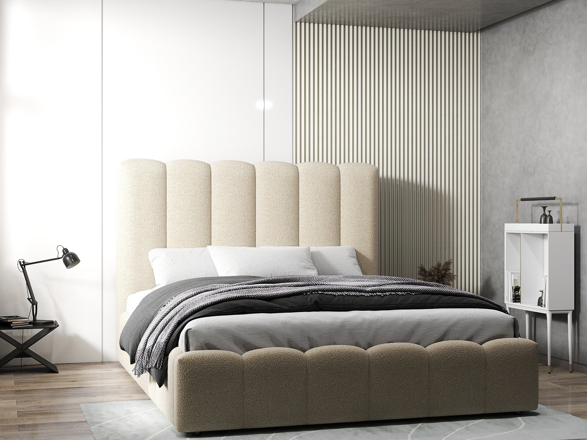 Pat dormitor dumonde, tapitat bej, Milano 160x200 cm, somiera rabatabila inclusa, spatiu depozitare