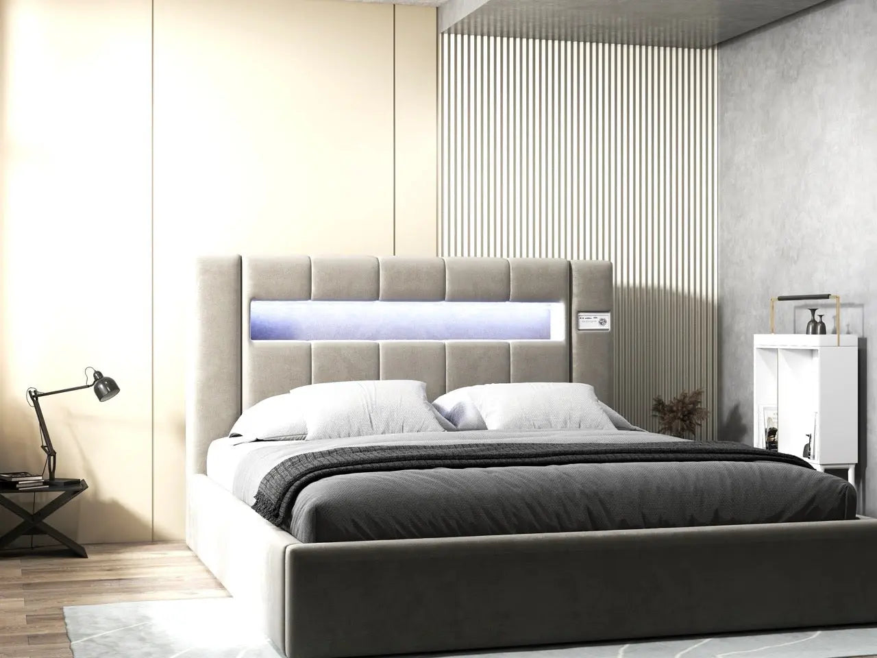 Pat dormitor dumonde, tapitat bej, Glow 180x200 cm, somiera rabatabila inclusa, spatiu depozitare WLS