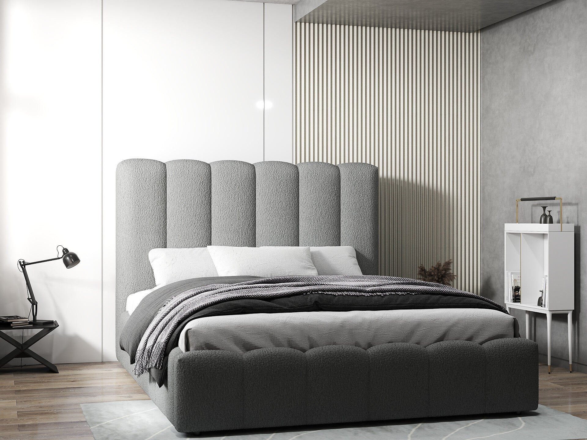 Pat dormitor dumonde, tapitat gri, Milano 140x200 cm, somiera rabatabila inclusa, spatiu depozitare