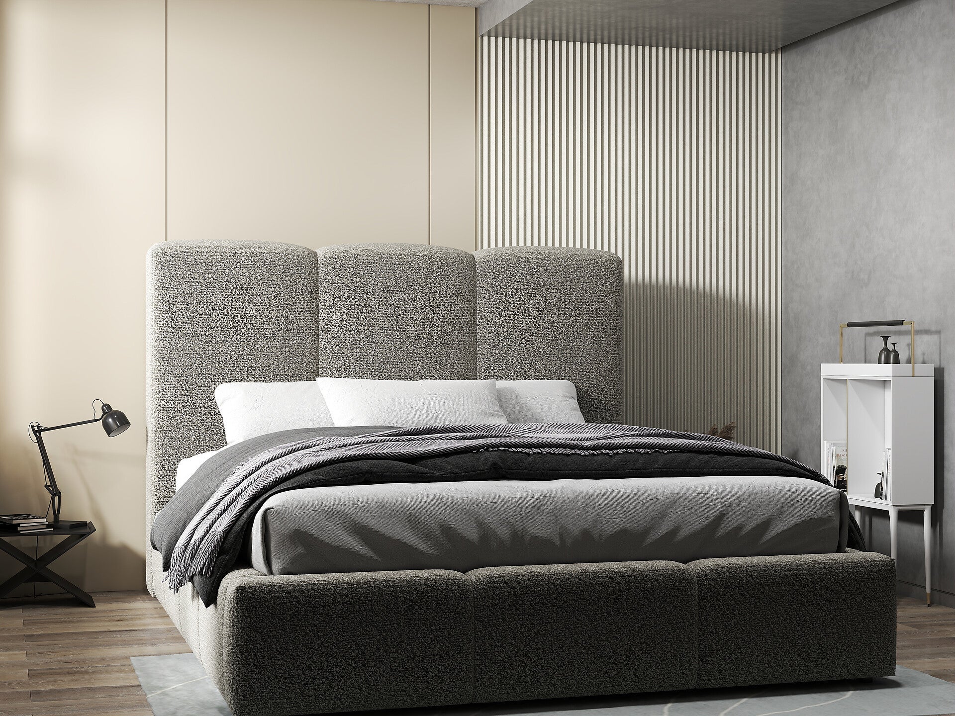 Pat dormitor dumonde, tapitat gri, Dinasty 160x200 cm, somiera rabatabila inclusa, spatiu depozitare