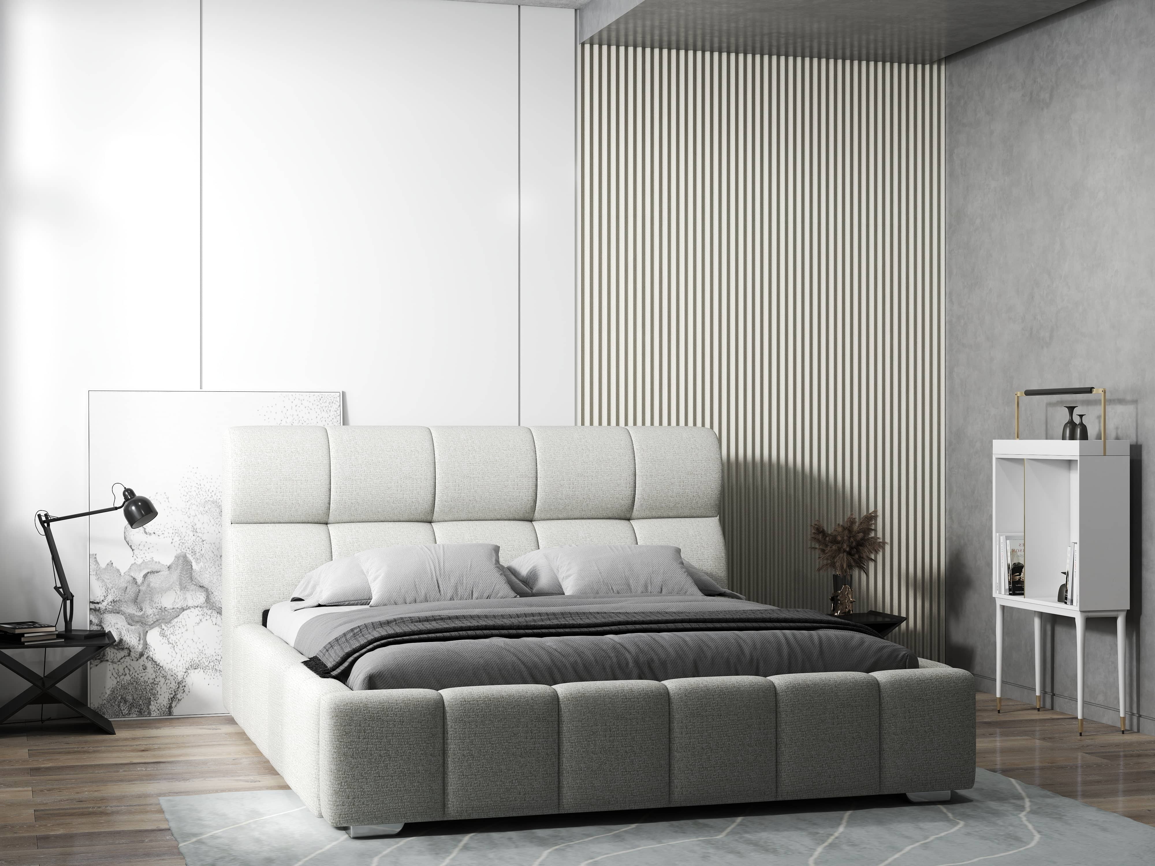 Pat dormitor dumonde, tapitat bej, Prestige 180x200 cm, somiera rabatabila inclusa, spatiu depozitare