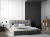 Pat dormitor dumonde, tapitat bej cu LED si USB, Palermo 180x200 cm, somiera rabatabila inclusa, spatiu depozitare