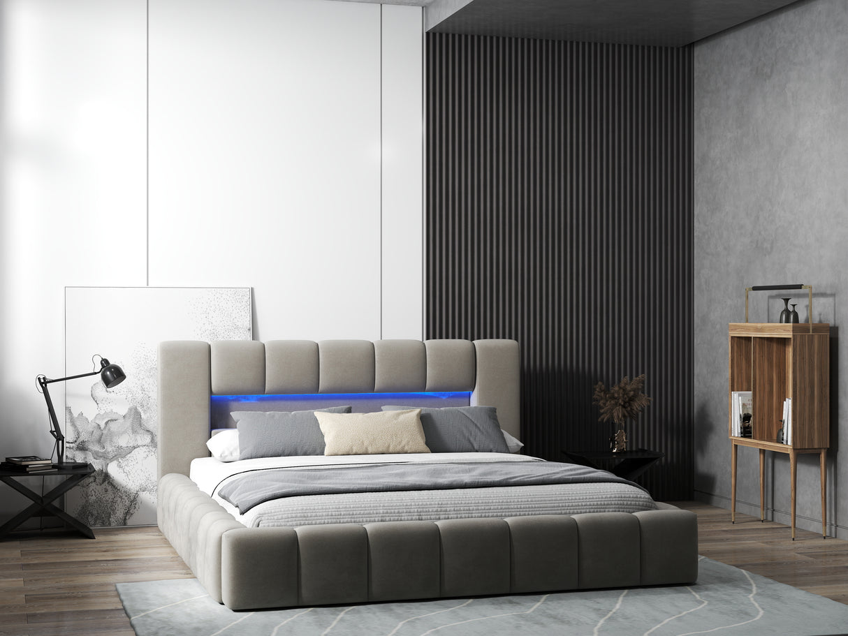 Pat dormitor dumonde, tapitat bej cu LED si USB, Palermo 140x200 cm, somiera rabatabila inclusa, spatiu depozitare