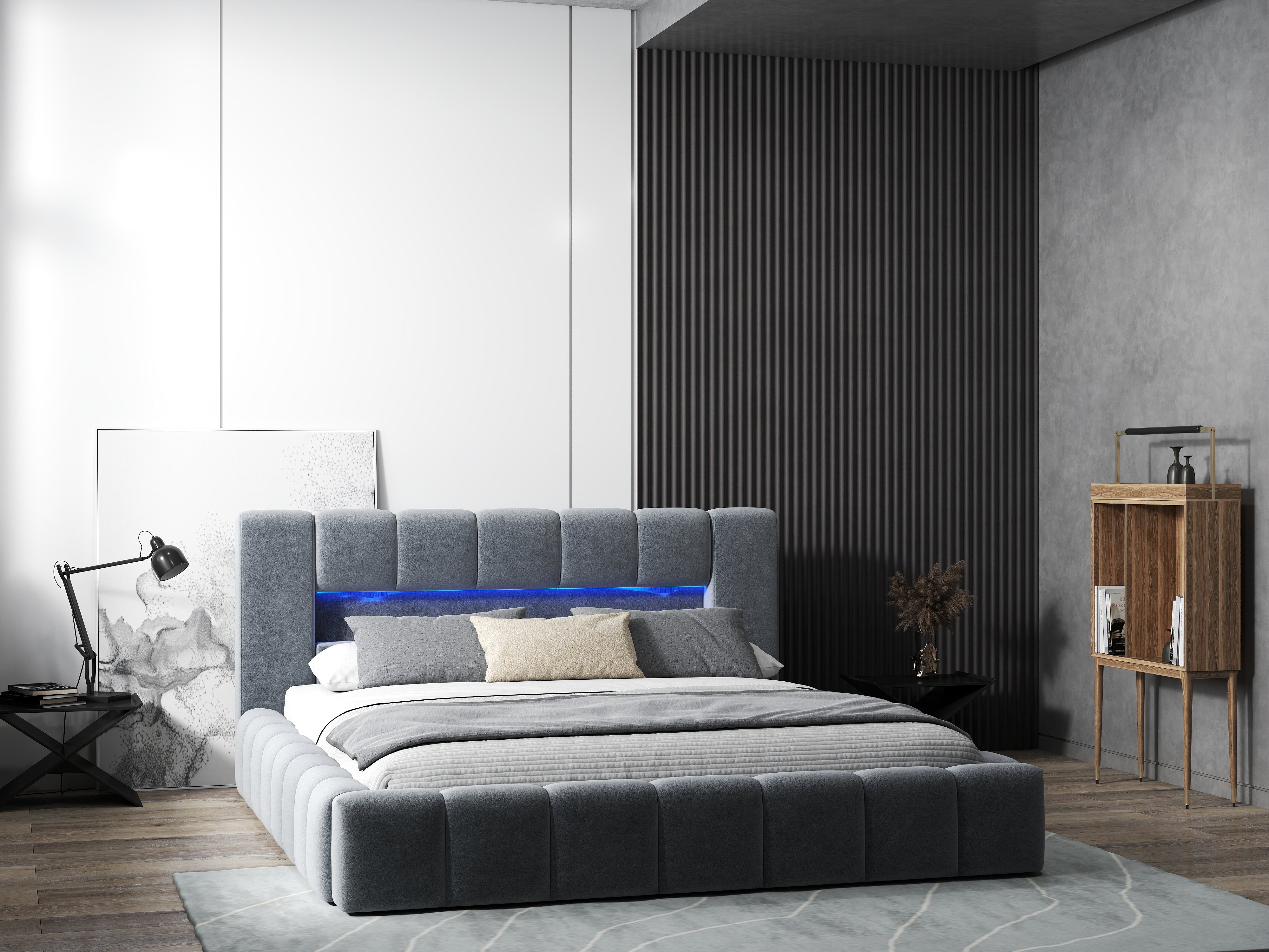 Pat dormitor dumonde, tapitat gri cu LED si USB, Palermo 140x200 cm, somiera rabatabila inclusa, spatiu depozitare WLS