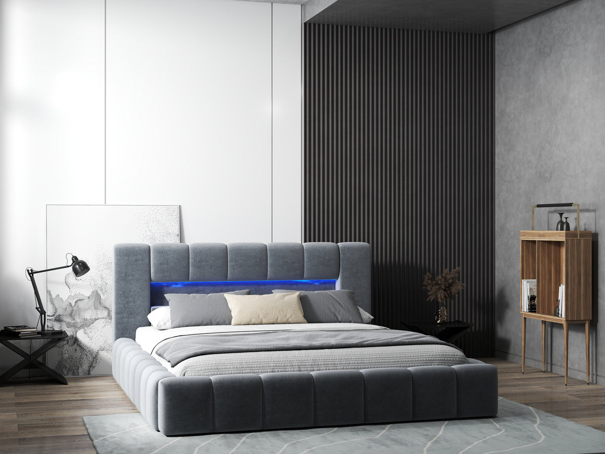 Pat dormitor dumonde, tapitat gri cu LED si USB, Palermo 160x200 cm, somiera rabatabila inclusa, spatiu depozitare