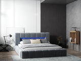 Pat dormitor dumonde, tapitat gri cu LED si USB, Palermo 160x200 cm, somiera rabatabila inclusa, spatiu depozitare