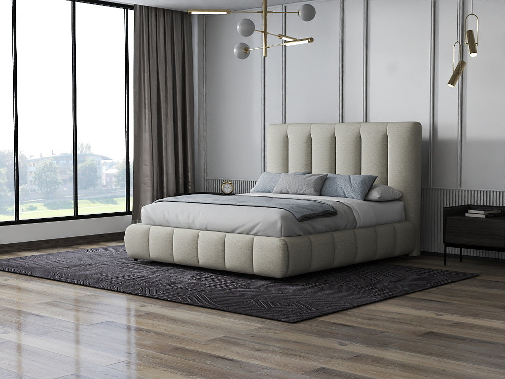 Pat dormitor dumonde, tapitat gri, Divaneo 160x200 cm, somiera rabatabila inclusa, spatiu depozitare
