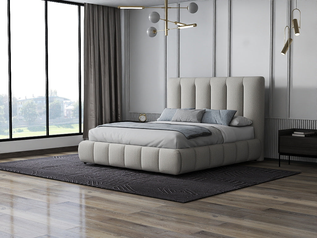 Pat dormitor dumonde, tapitat gri, Divaneo 180x200 cm, somiera rabatabila inclusa, spatiu depozitare
