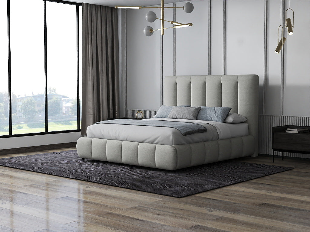 Pat dormitor dumonde, tapitat gri, Divaneo 160x200 cm, somiera rabatabila inclusa, spatiu depozitare