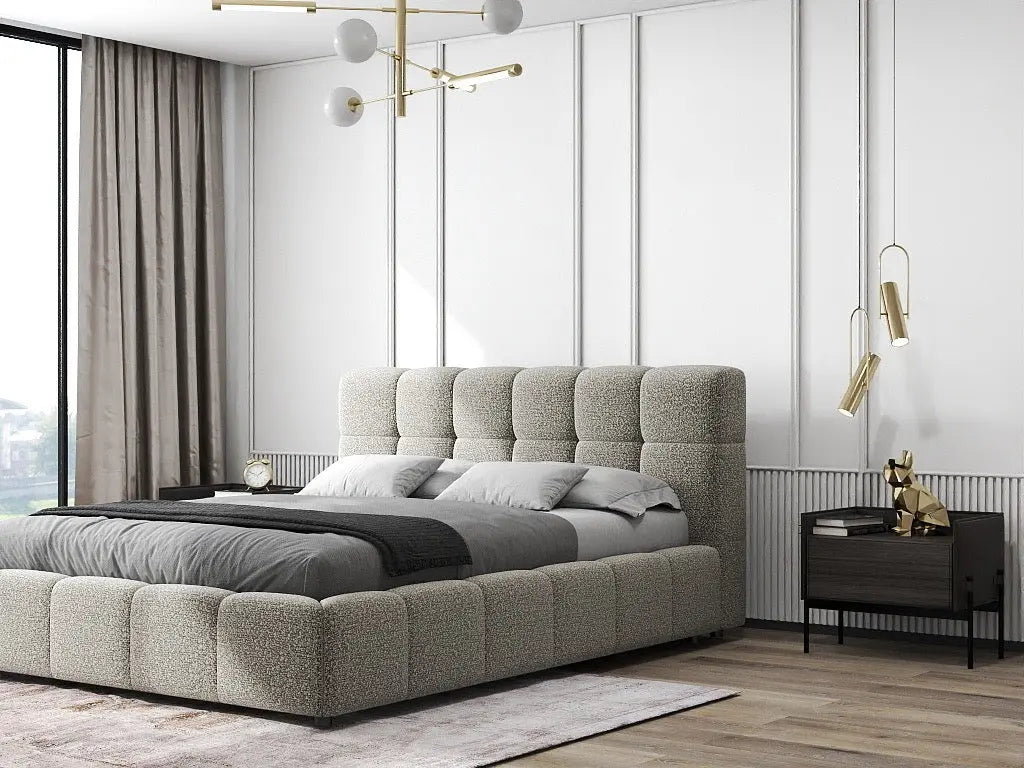 Pat dormitor dumonde, tapitat gri, Lorenzo 140x200 cm, somiera rabatabila inclusa, spatiu depozitare WLS