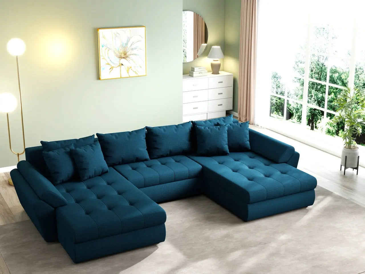 Colțar extensibil dumonde cu ladă de depozitare si sezut confortabil din spuma HR, Loana U Enjoy Petrol 355x185 cm Fabrica