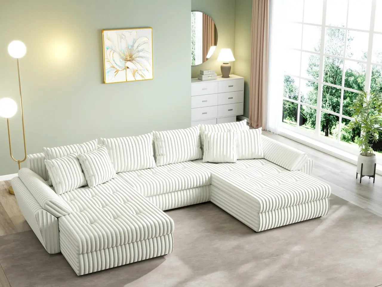 Colțar extensibil dumonde cu ladă de depozitare si sezut confortabil din spuma HR, Loana U Ambience Ivory 355x185 cm Fabrica