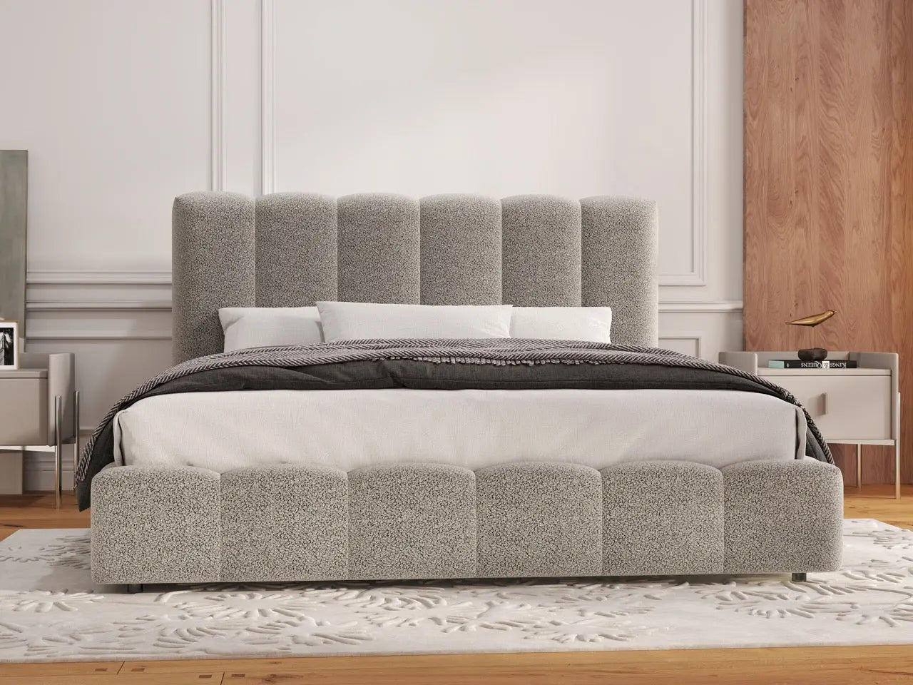 Pat dormitor dumonde, tapitat gri, Milano 140x200 cm, somiera rabatabila inclusa, spatiu depozitare WLS