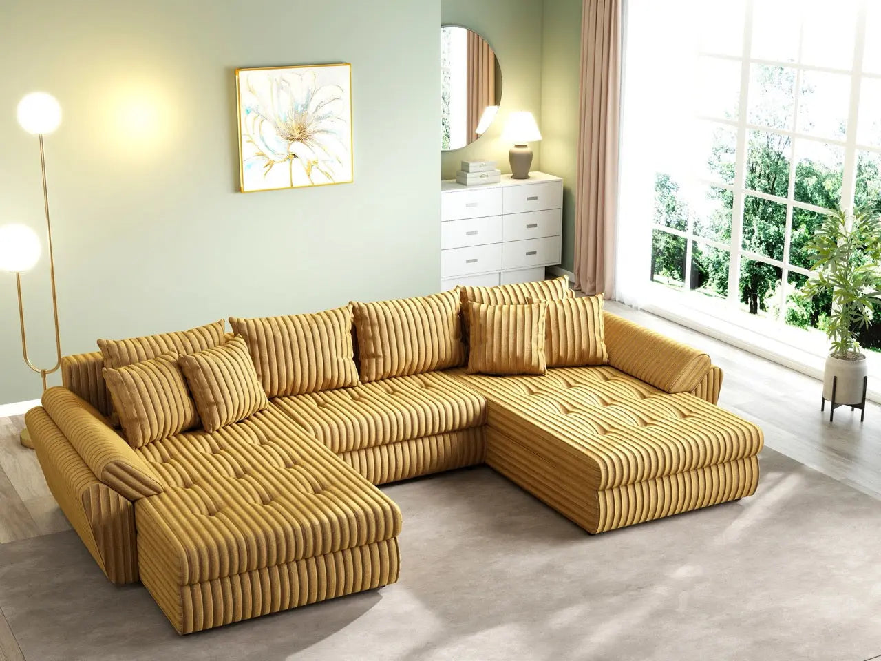 Colțar extensibil dumonde cu ladă de depozitare si sezut confortabil din spuma HR, Loana U Ambience Mustar 355x185 cm Fabrica