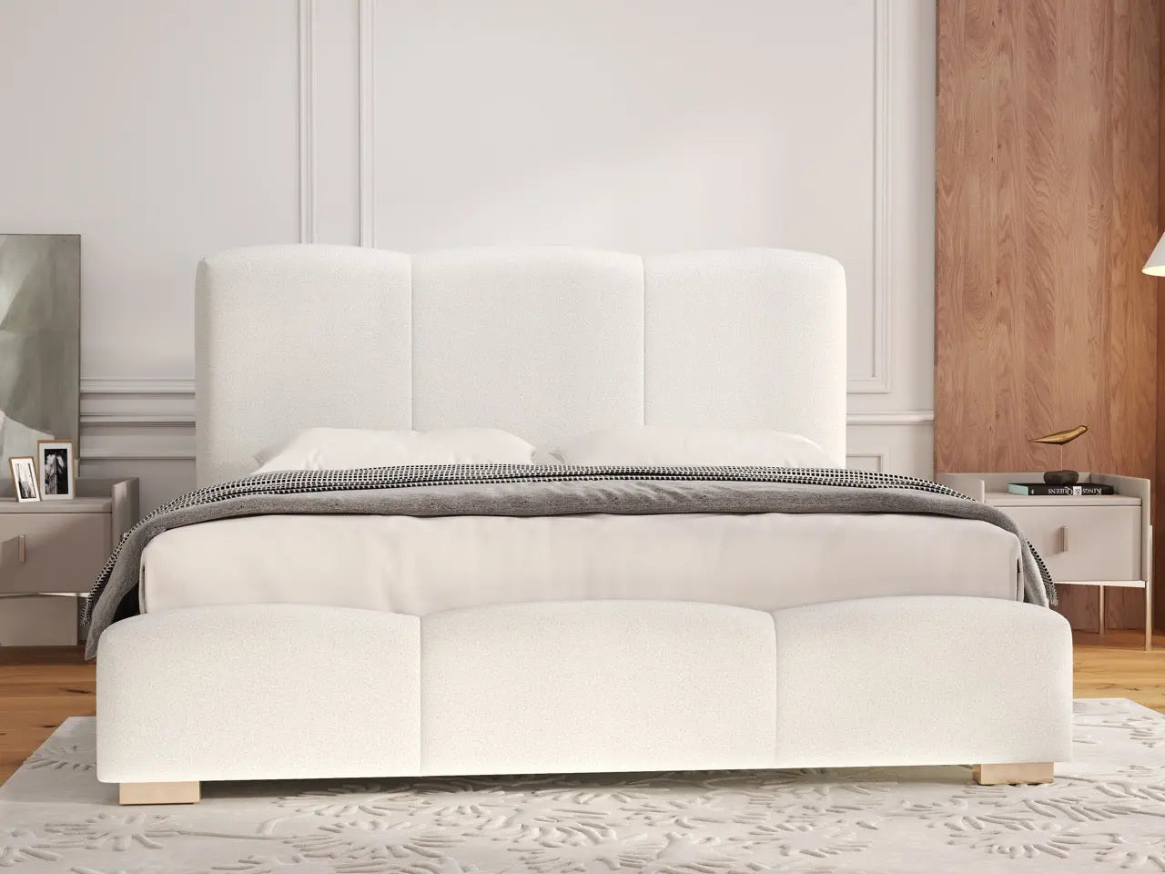 Pat dormitor dumonde, tapitat alb, Havana 140x200 cm, somiera rabatabila inclusa, spatiu depozitare WLS