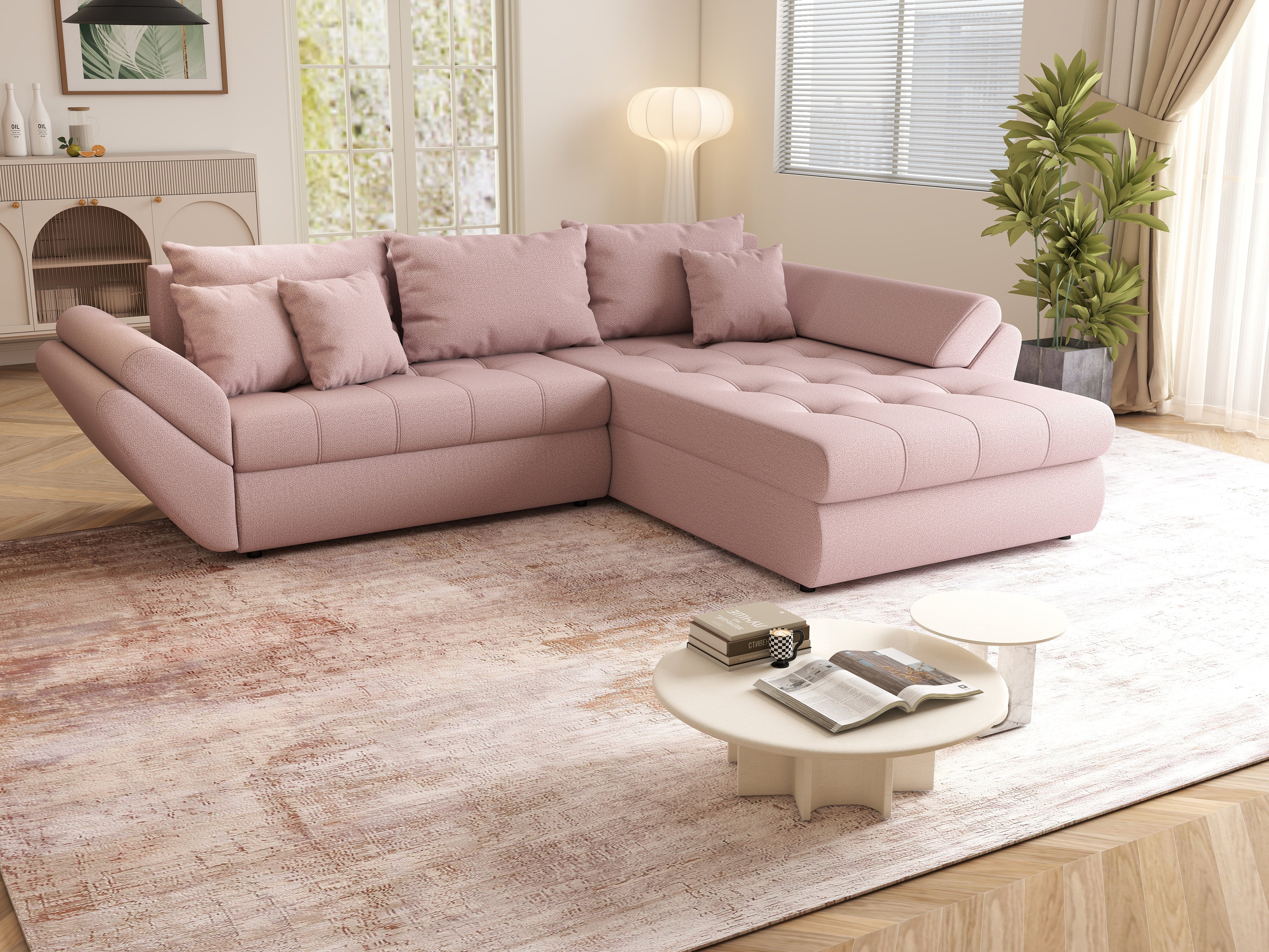 Colțar extensibil dumonde cu ladă de depozitare si sezut confortabil din spuma HR, Loana Roz II 270x185 cm Fabrica